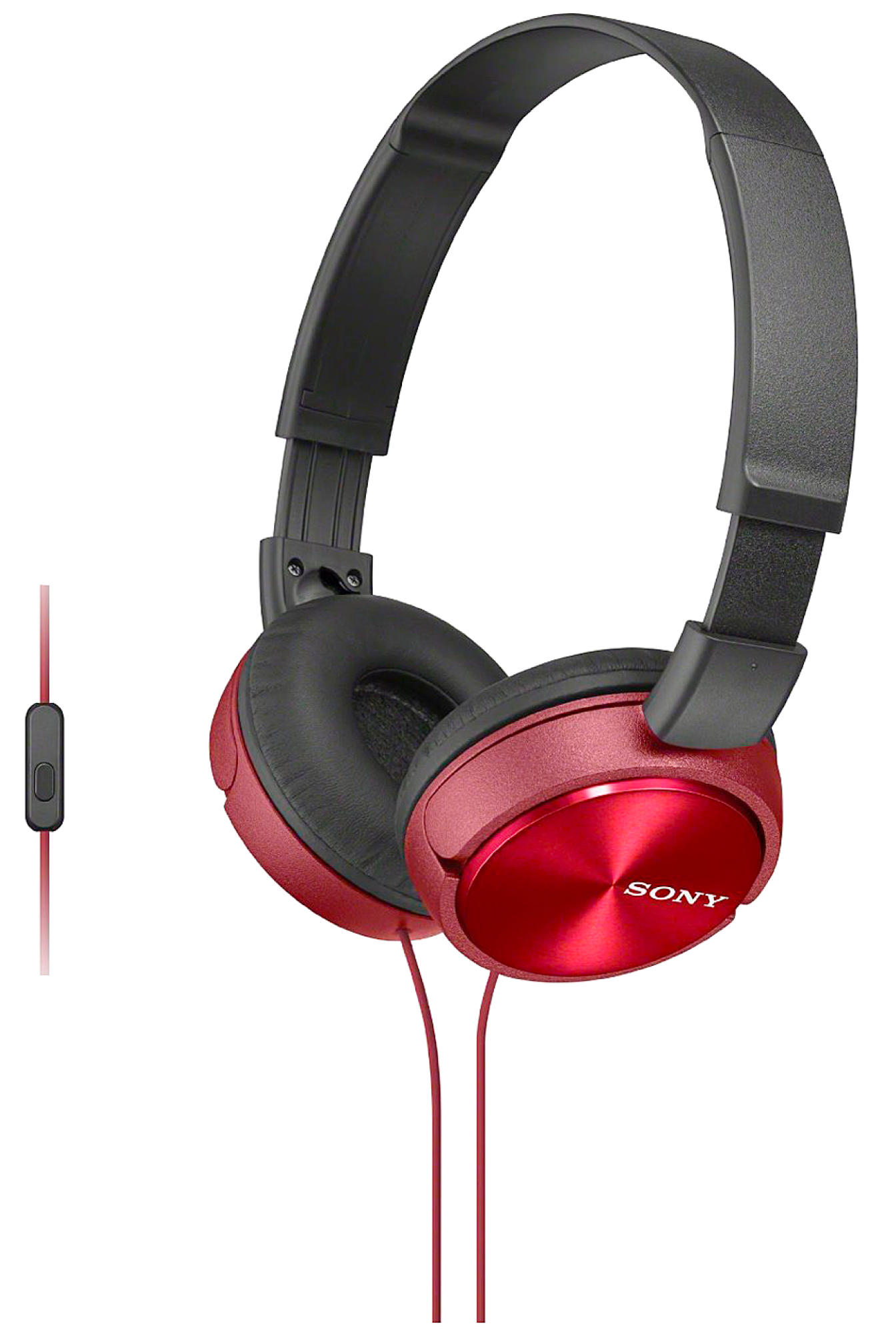 Rote Sony-Kopfhörer mit schwarzem Bügel und Kabel, weißer Hintergrund.