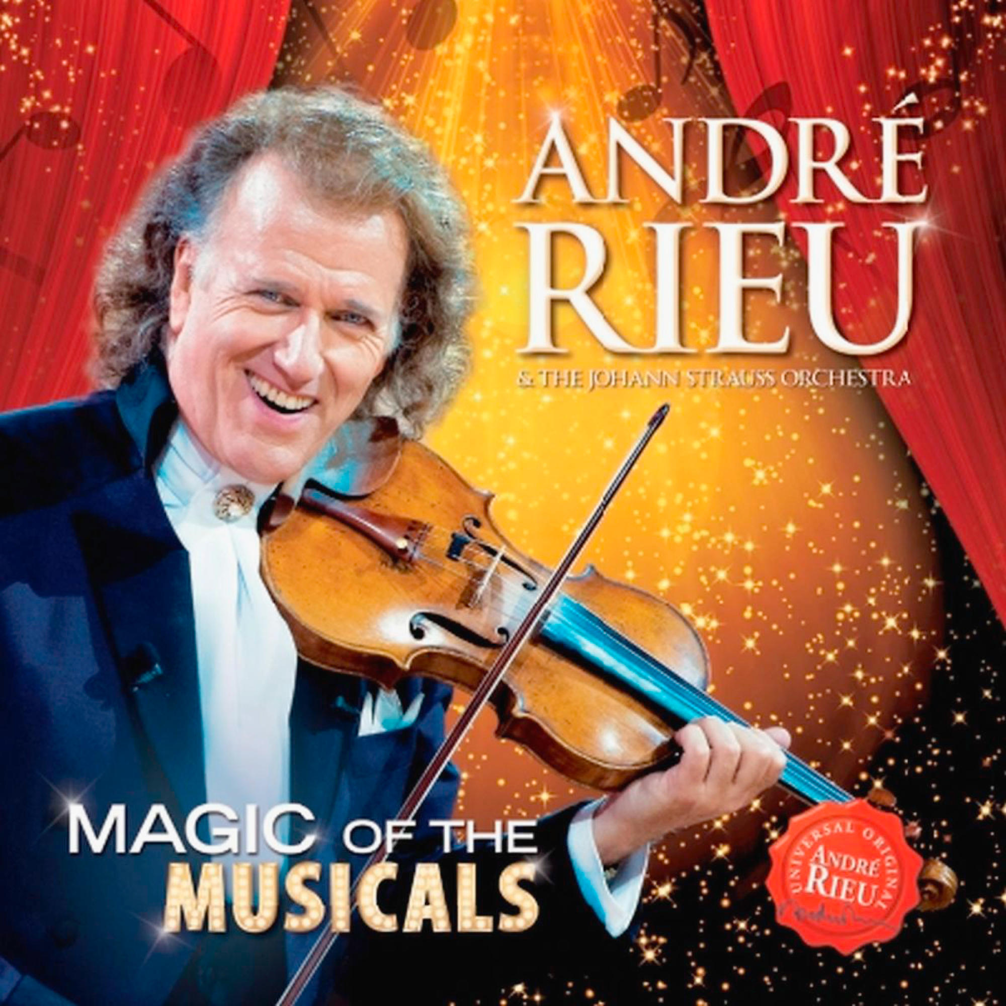 Andre Rieu albumhoes. Andre Rieu met viool, rode gordijnachtergrond en tekst.