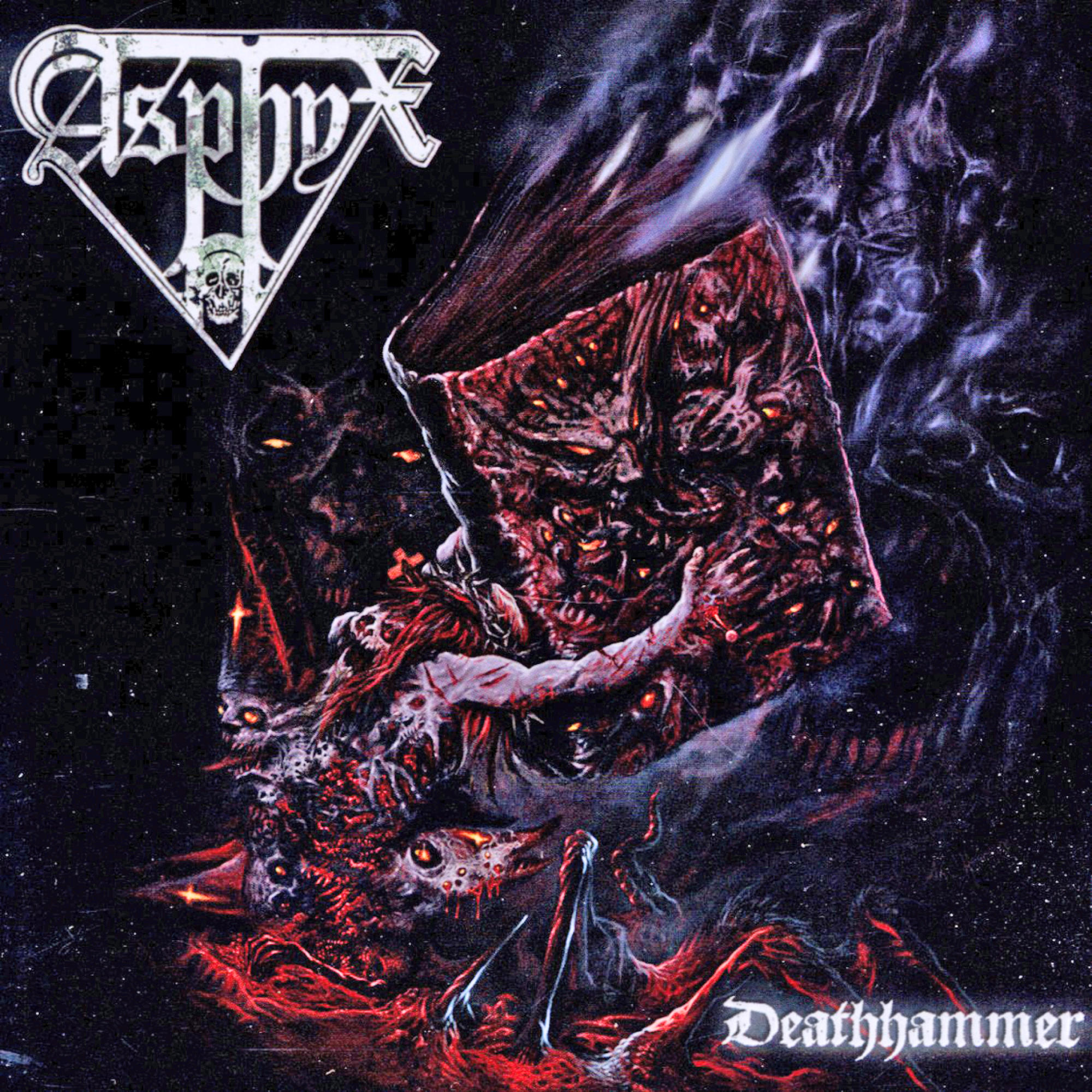 Albumcover für Deathhammer von Asphyx. Enthält eine dämonische Figur und ein blutiges Buch.
