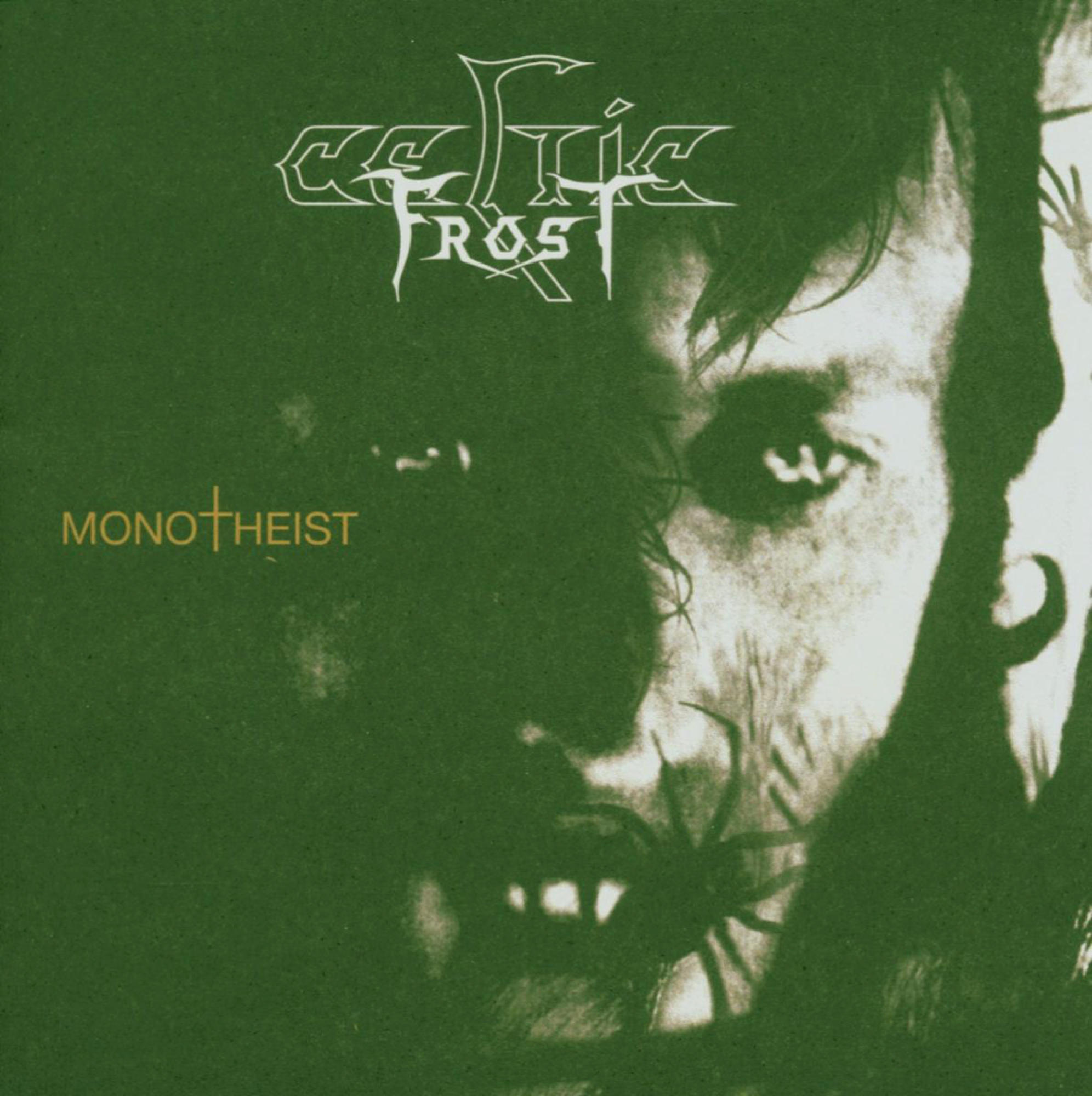 Albumcover mit einem Gesicht und dem Wort "MONOTHEIST" sowie dem Bandnamen "CELTIC FROST".