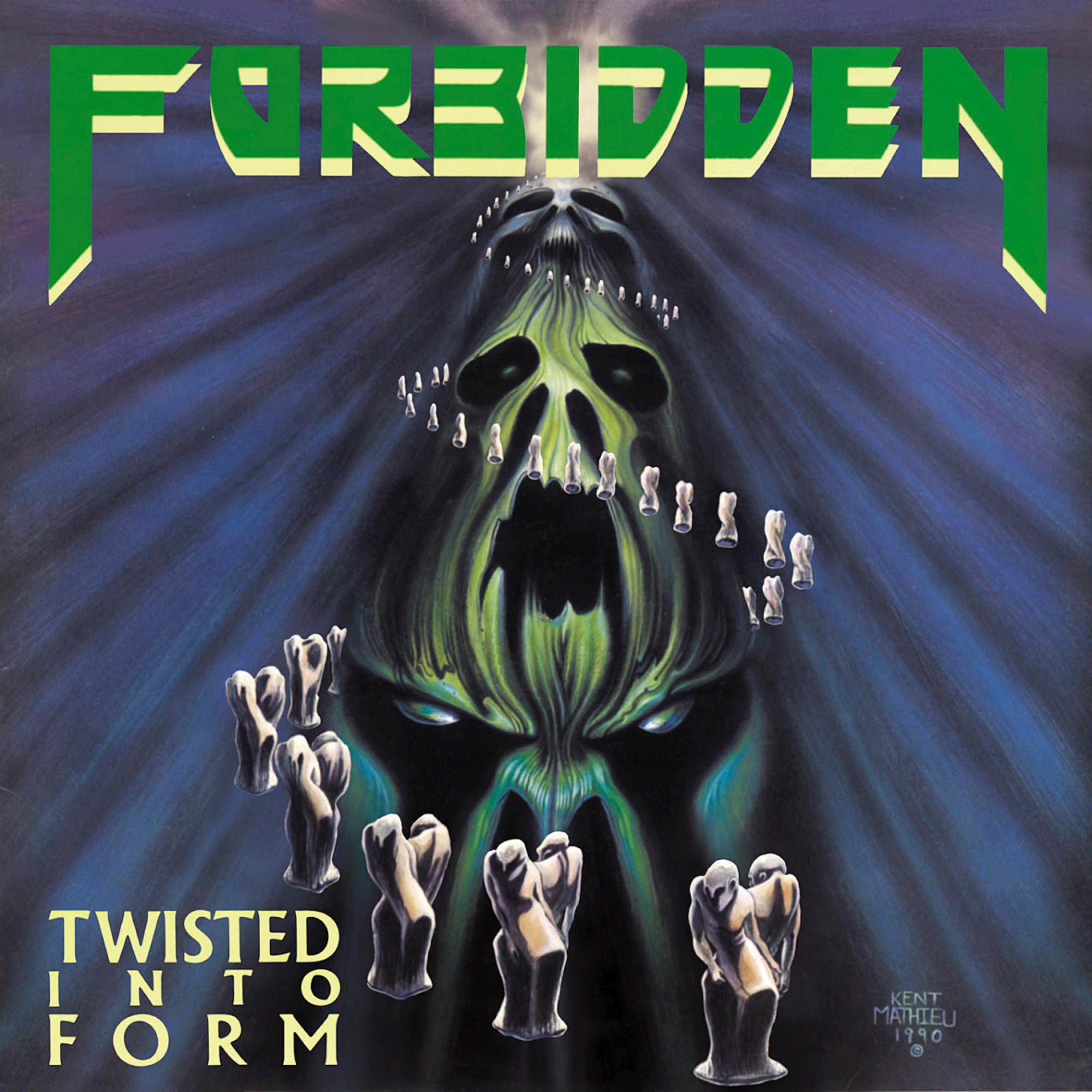 Albumcover mit einem grünen Gesicht und einem schädelartigen Aussehen. Das Wort 'Forbidden' steht oben.