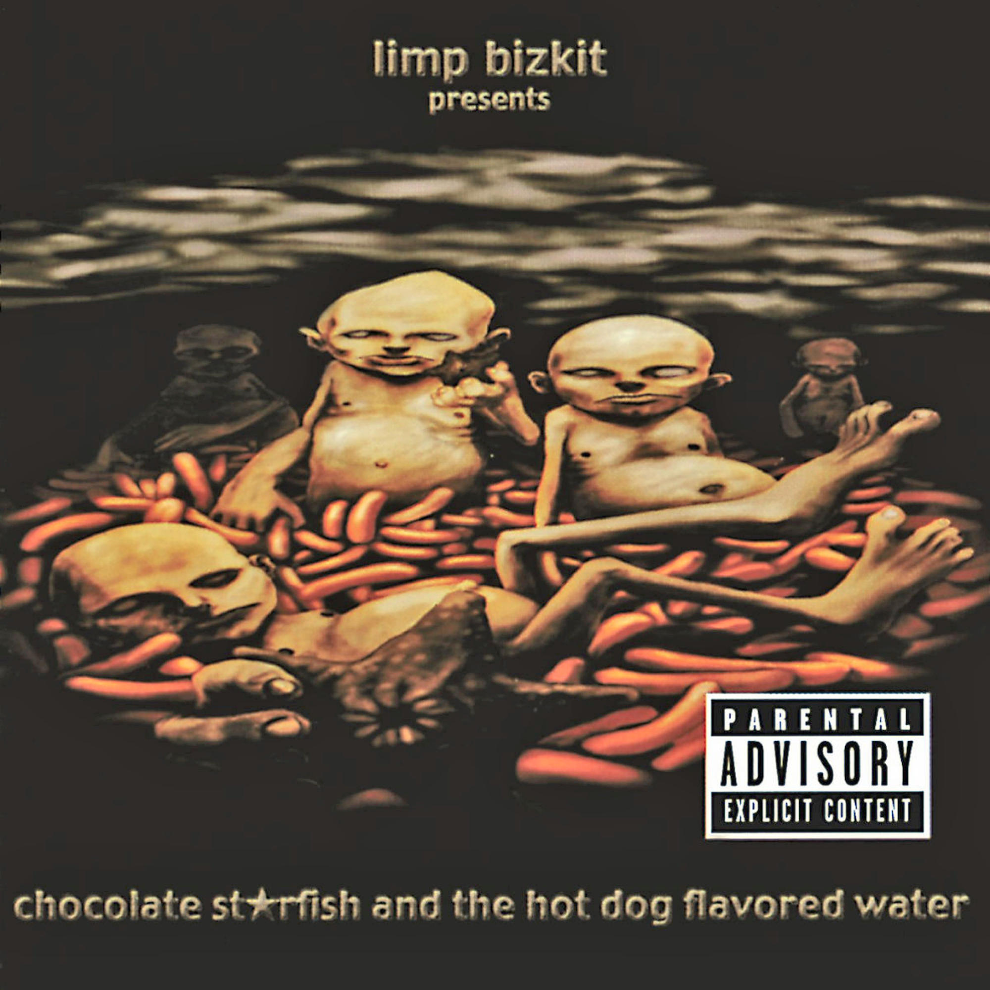 Albumcover: Cartoonfiguren und Hot Dogs, Parental Advisory Label.