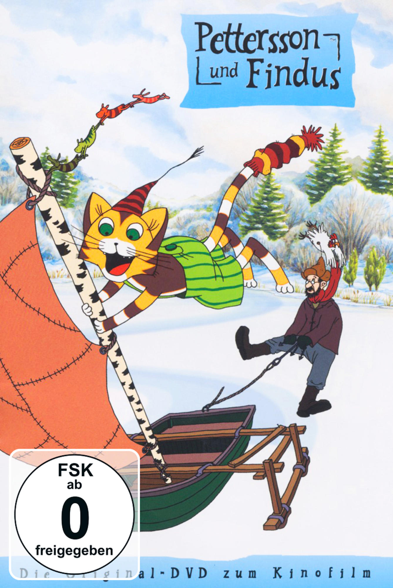 Pettersson und Findus DVD-Cover. Katze und Mann im Boot, Schneeszene und eine große Katze.