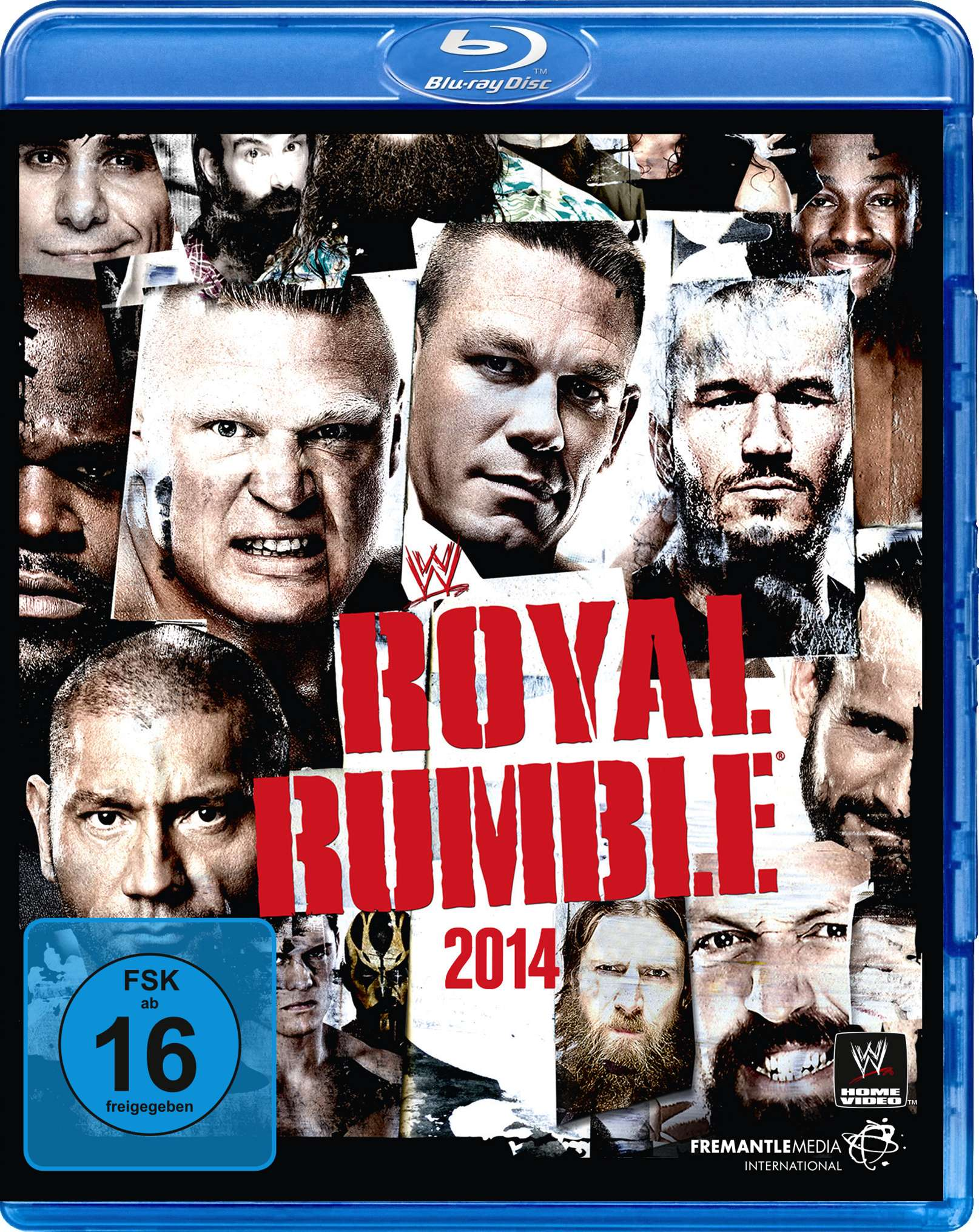 Blu-ray-Cover mit Gesichtern mehrerer Wrestler. Der Titel lautet 'Royal Rumble 2014'. Enthält das FSK 16-Logo. Blauer Hintergrund.