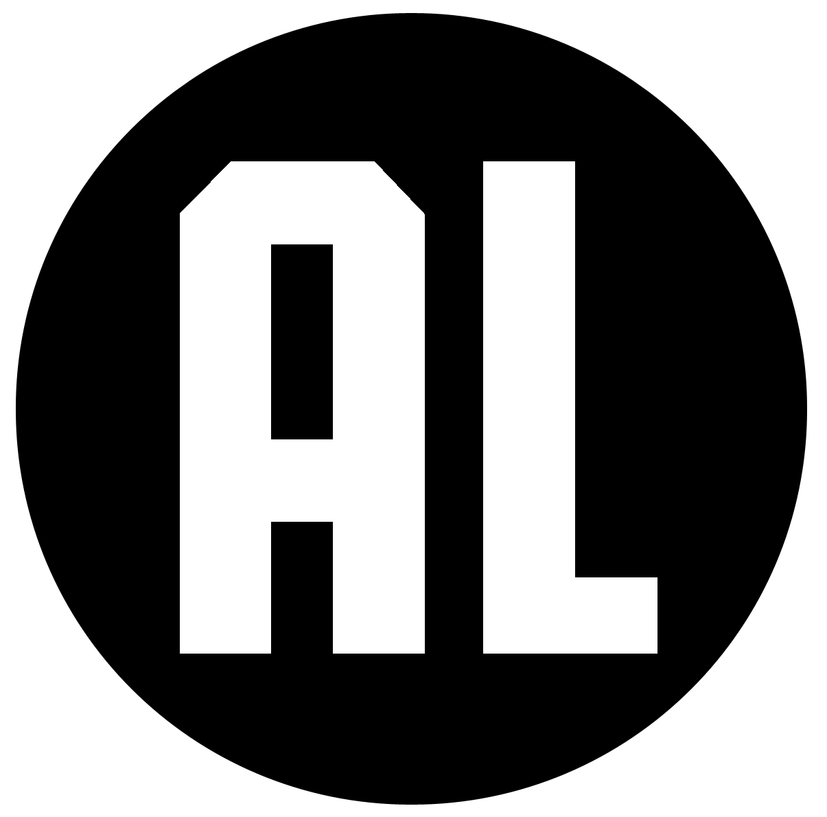 Witte letters AL in een zwarte cirkel.