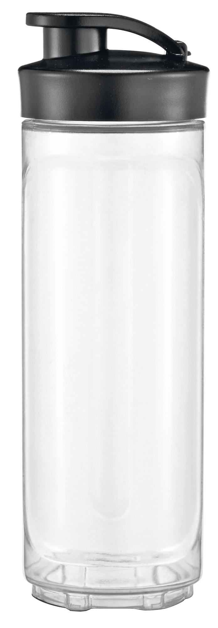 Eine hohe, durchsichtige, leere Wasserflasche mit schwarzem Deckel.