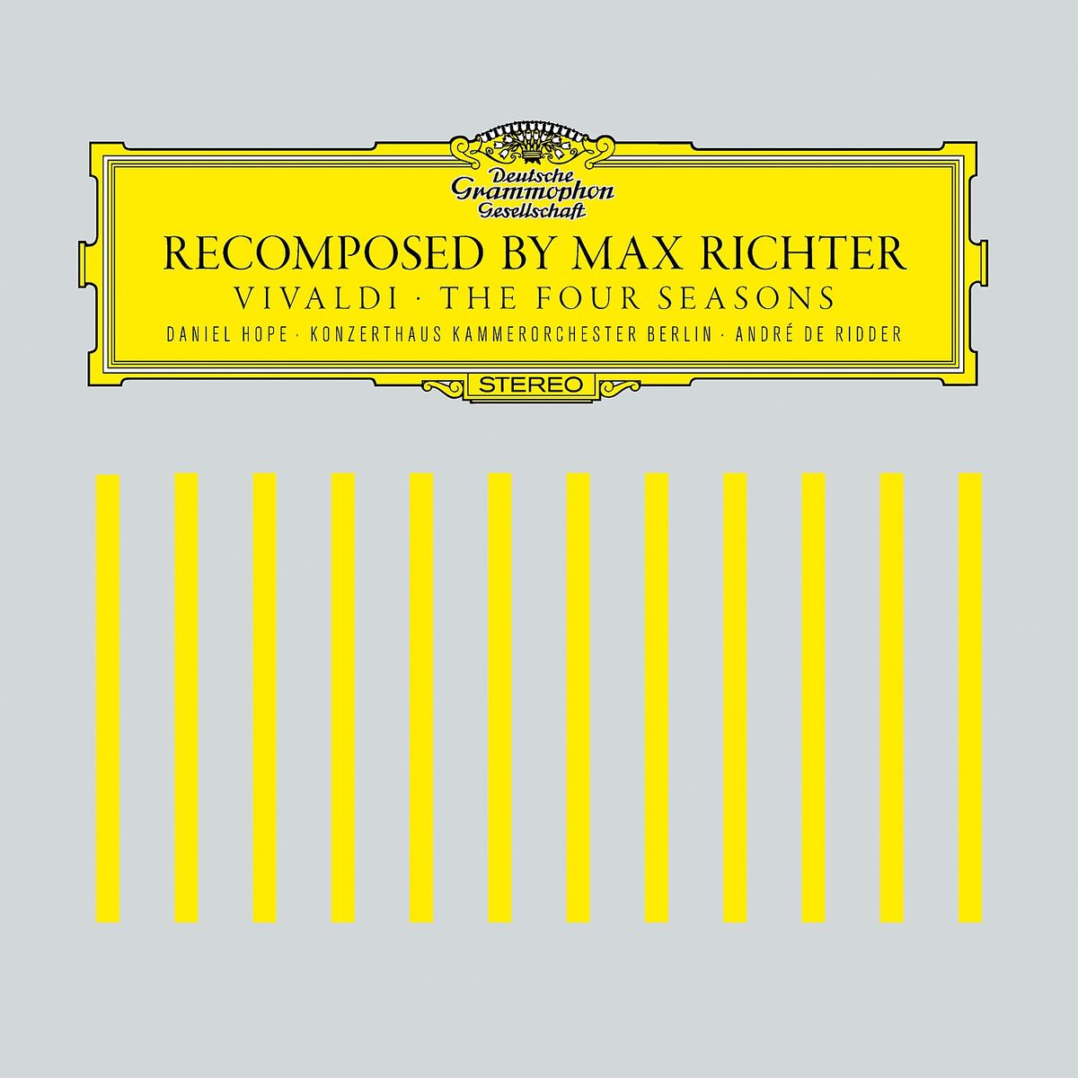 Albumcover. Gelbe Streifen auf grauem Hintergrund. Text: Recomposed by Max Richter, Vivaldi - Die vier Jahreszeiten.