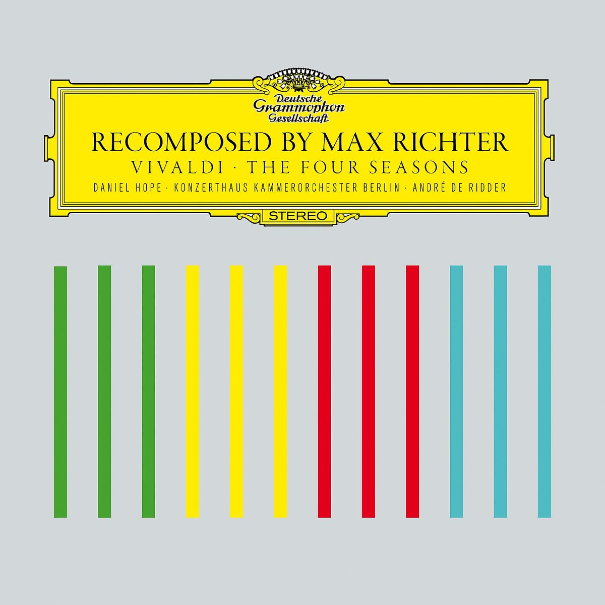 Albumcover mit Text auf Gelb, farbigen vertikalen Linien, schwarzem Text.