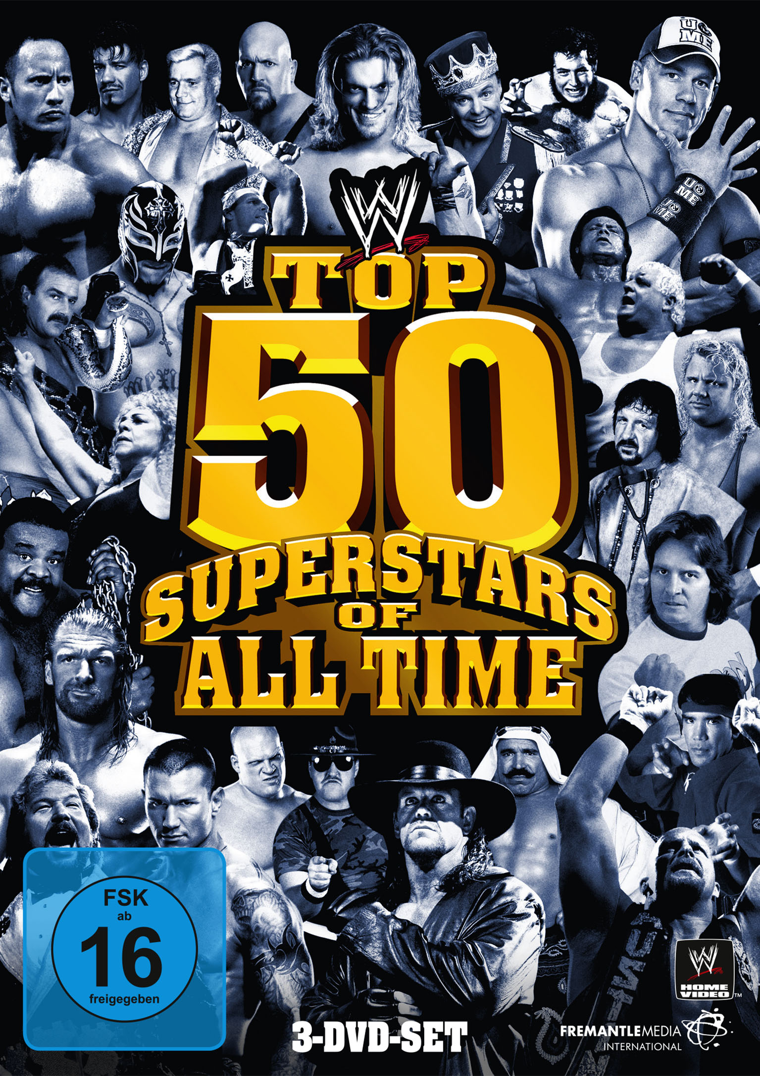 DVD-Cover von WWE Top 50 Superstars, viele Wrestler und Text.
