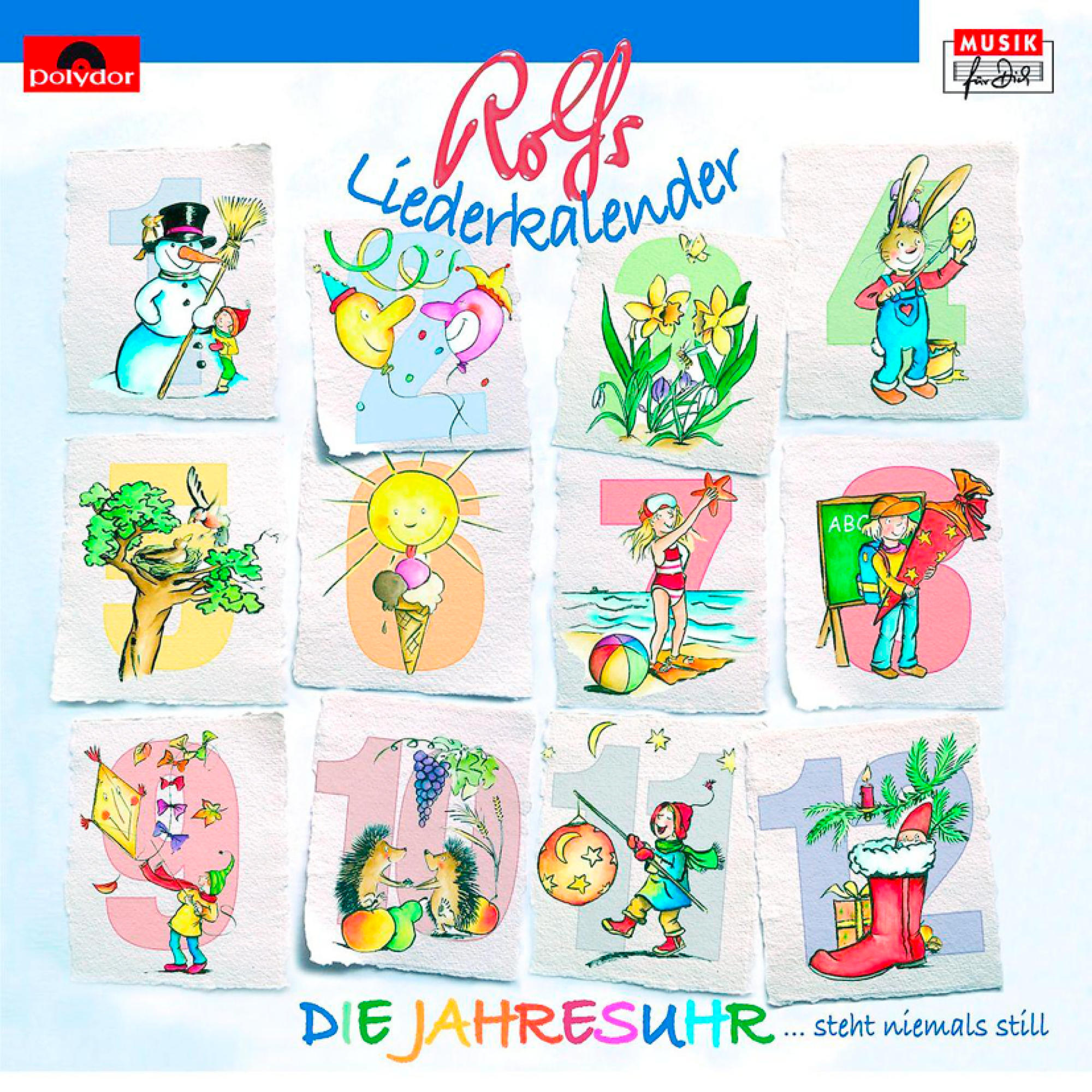 Albumcover mit 12 illustrierten Panels mit saisonalen Themen, darunter Schneemann und Osterhase.