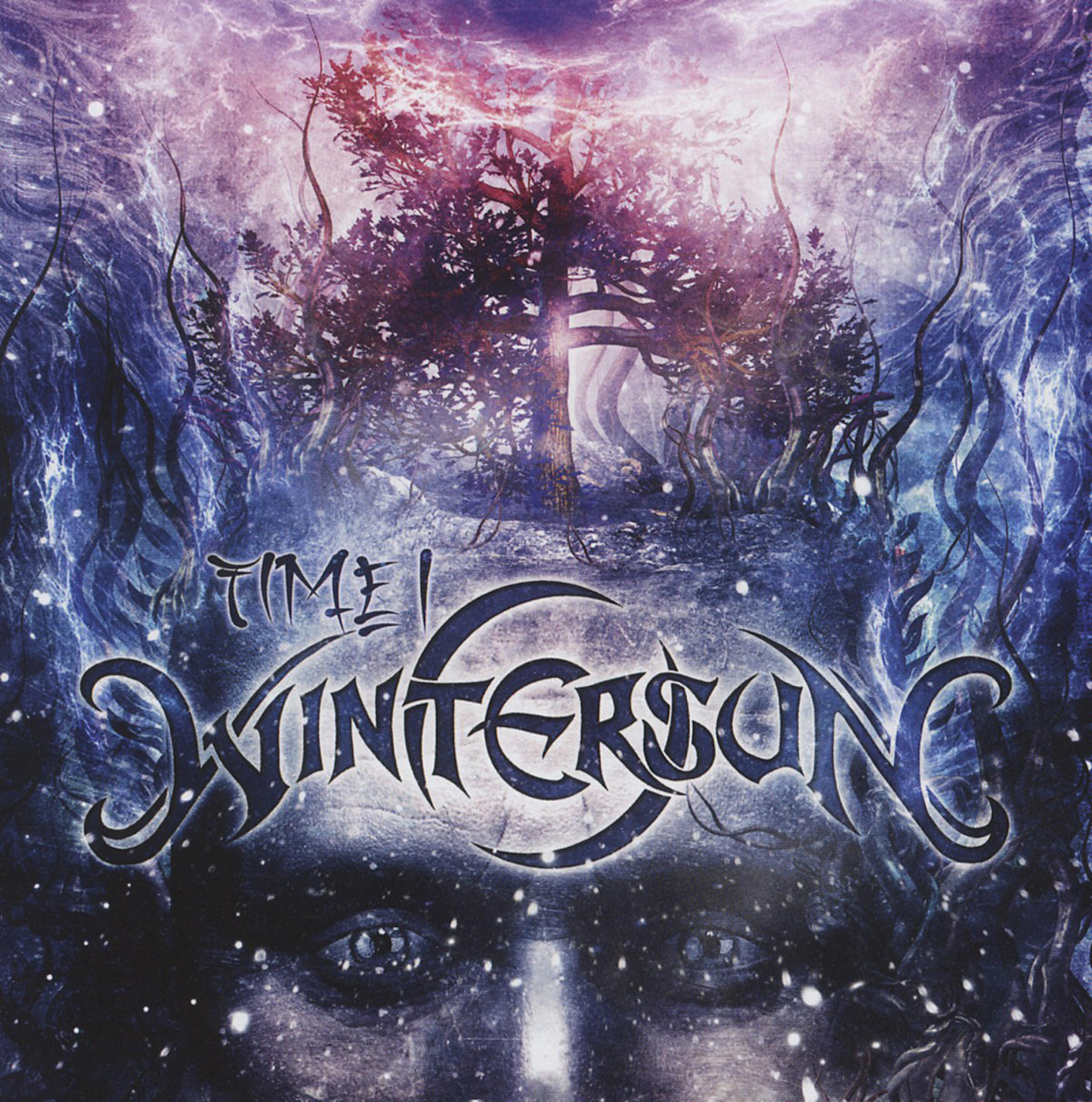 Albumcover. Dunkles Bild mit Wald und Gesicht. Text: 'Wintersun' und 'Time'.