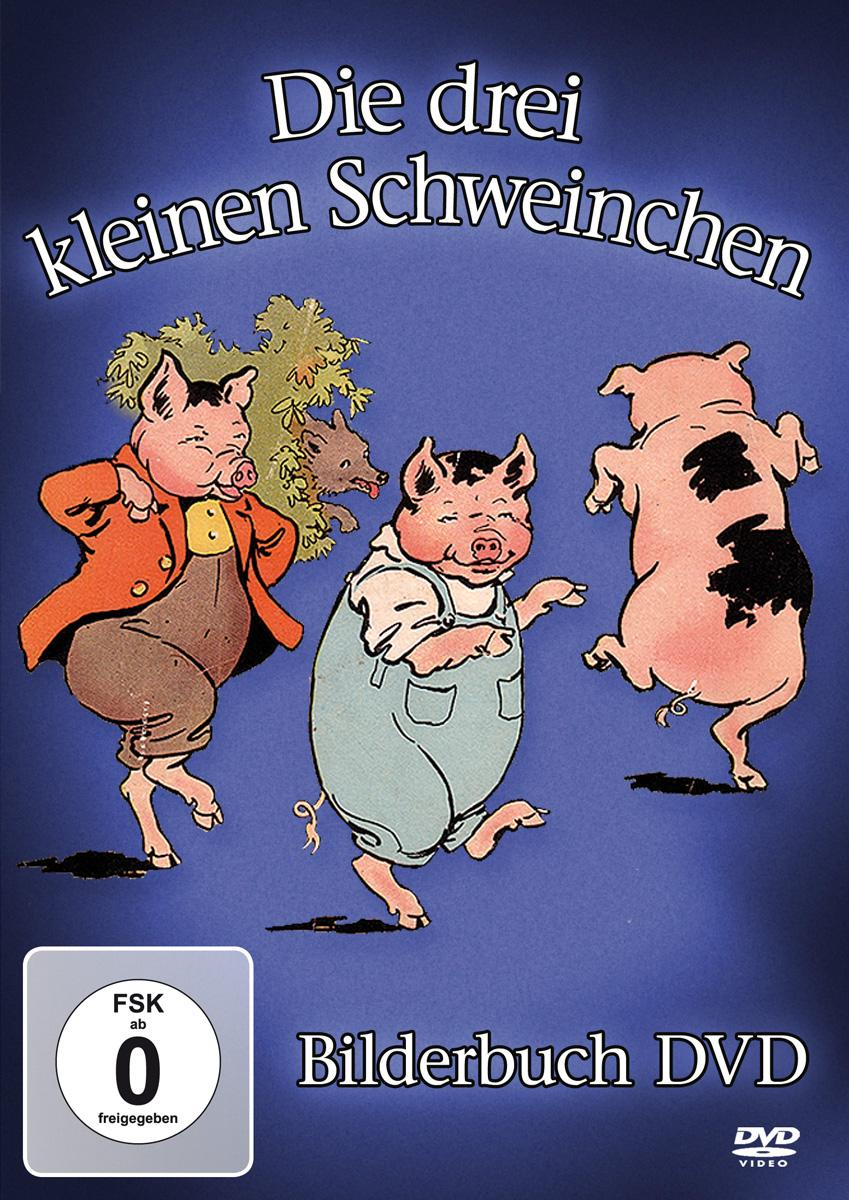 DVD-Cover: Drei Zeichentrickschweine tanzen. Titel: Die drei kleinen Schweinchen. Text: Bilderbuch DVD. FSK 0 Logo.