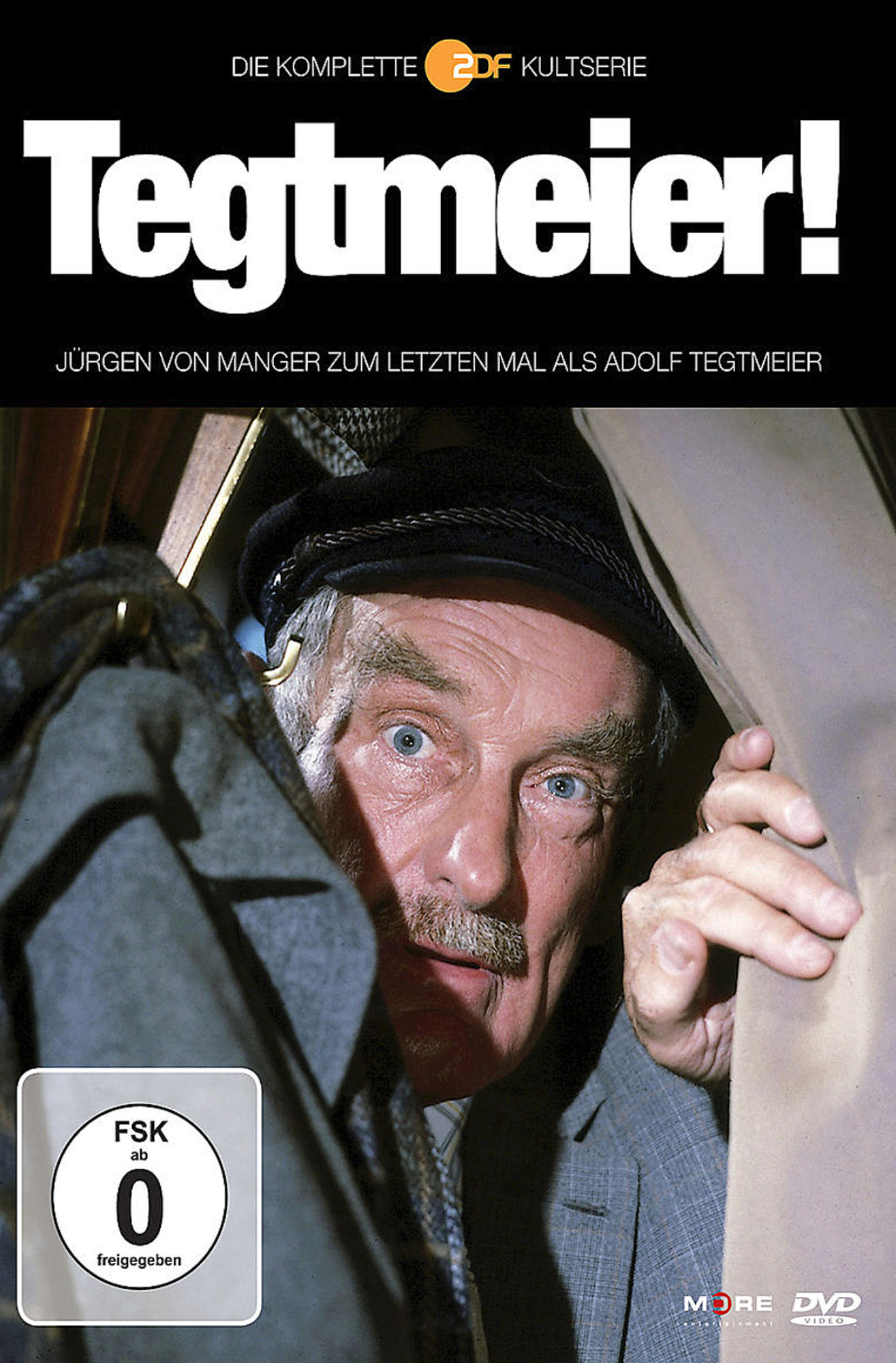 DVD-Cover von Tegtmeier, mit einem älteren Mann, der hinter einem Vorhang hervorlugt, mit Text.