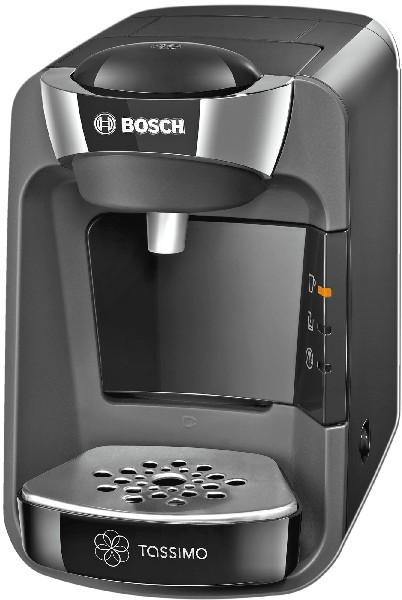 Eine schwarz-graue Tassimo-Kaffeemaschine mit dem Bosch-Logo auf der Vorderseite.