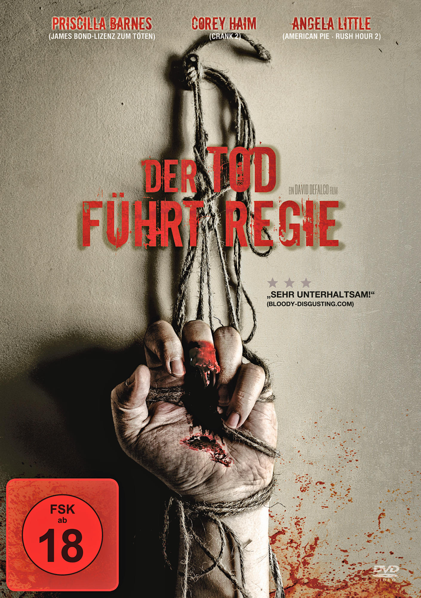 Filmplakat mit einer mit Seil gefesselten Hand, Blut und einem Finger. Roter Text auf grauem Hintergrund.