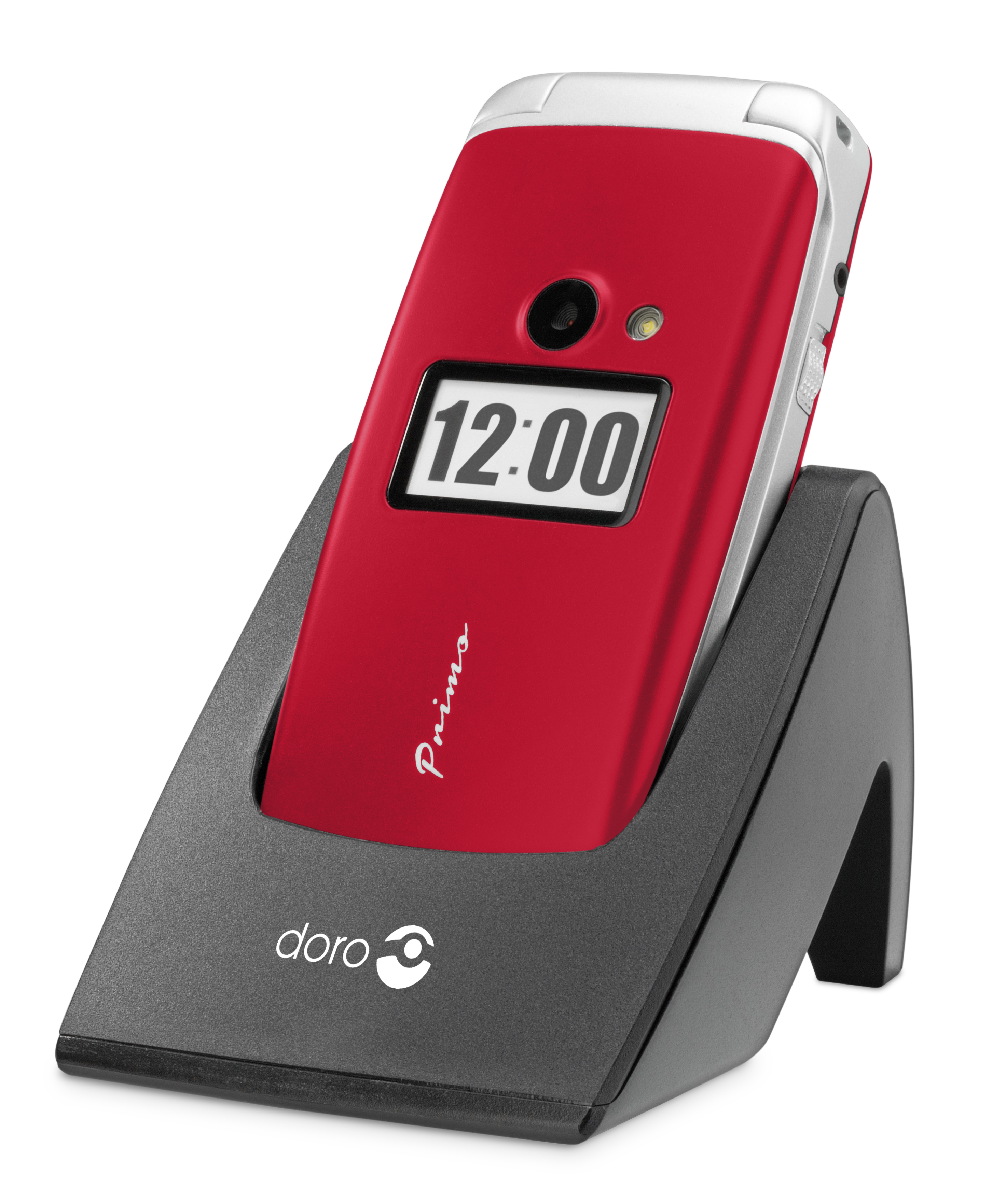 Rotes Doro Primo-Telefon in einer schwarzen Ladestation. Der Bildschirm zeigt die Zeit: 12:00.