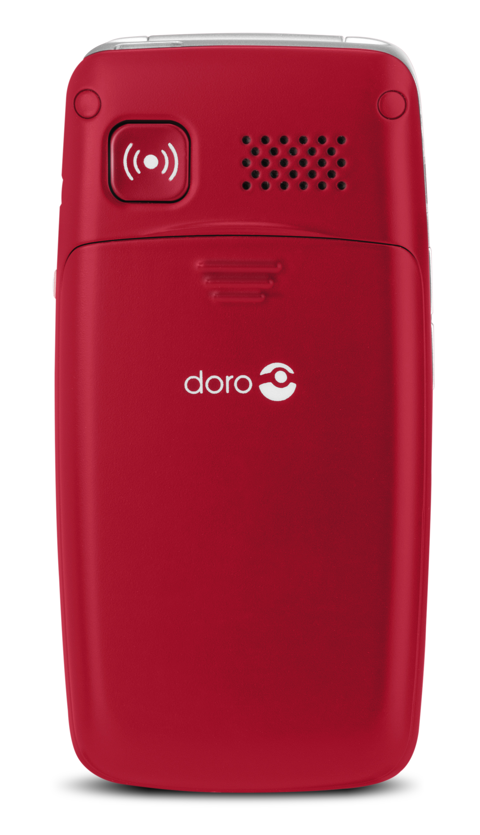 Ein rotes Doro-Mobiltelefon mit großer Ruftaste und Lautsprecher oben.