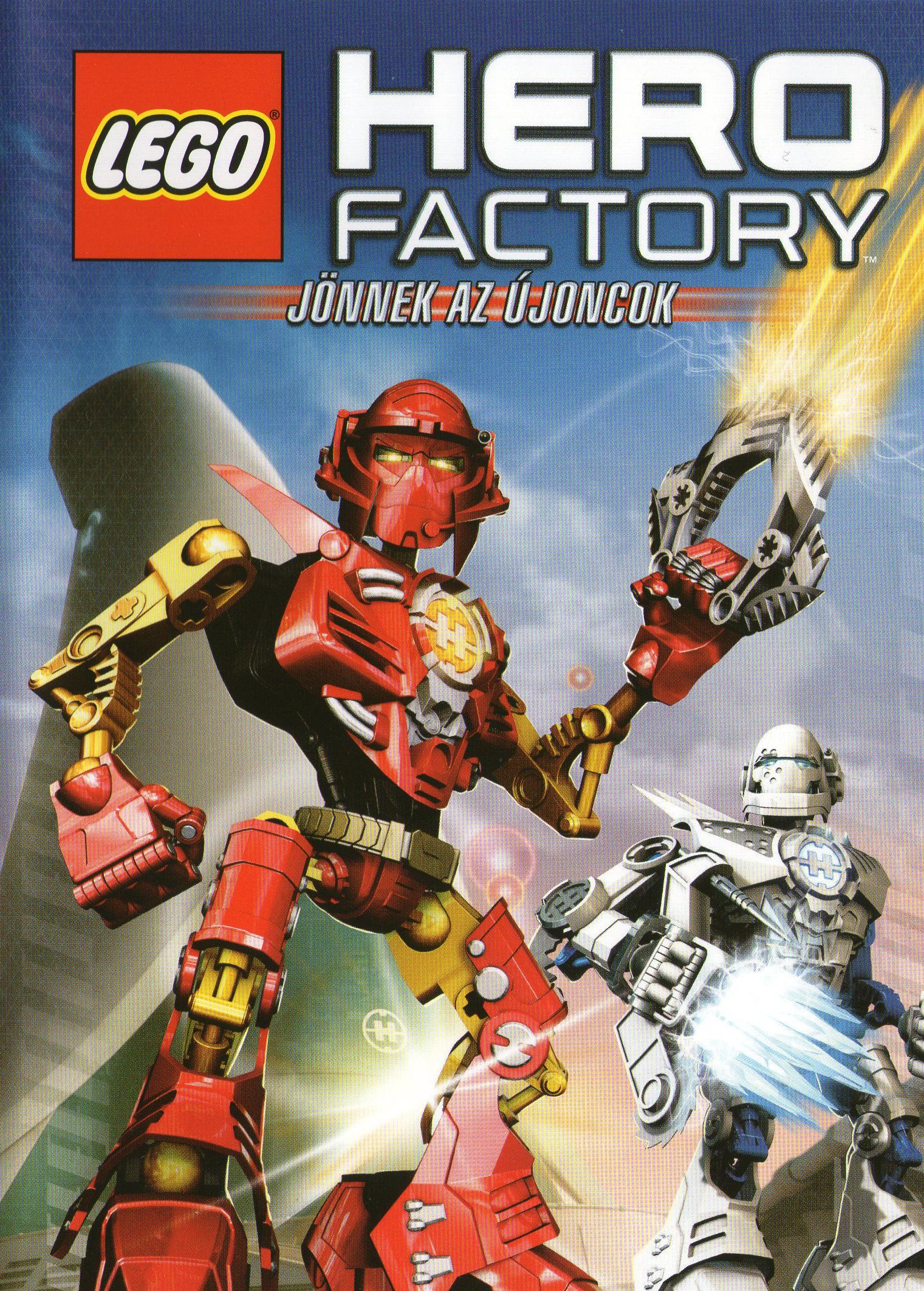 Lego Hero Factory dobozművészet robotokkal akcióban, piros-fehér színvilág.