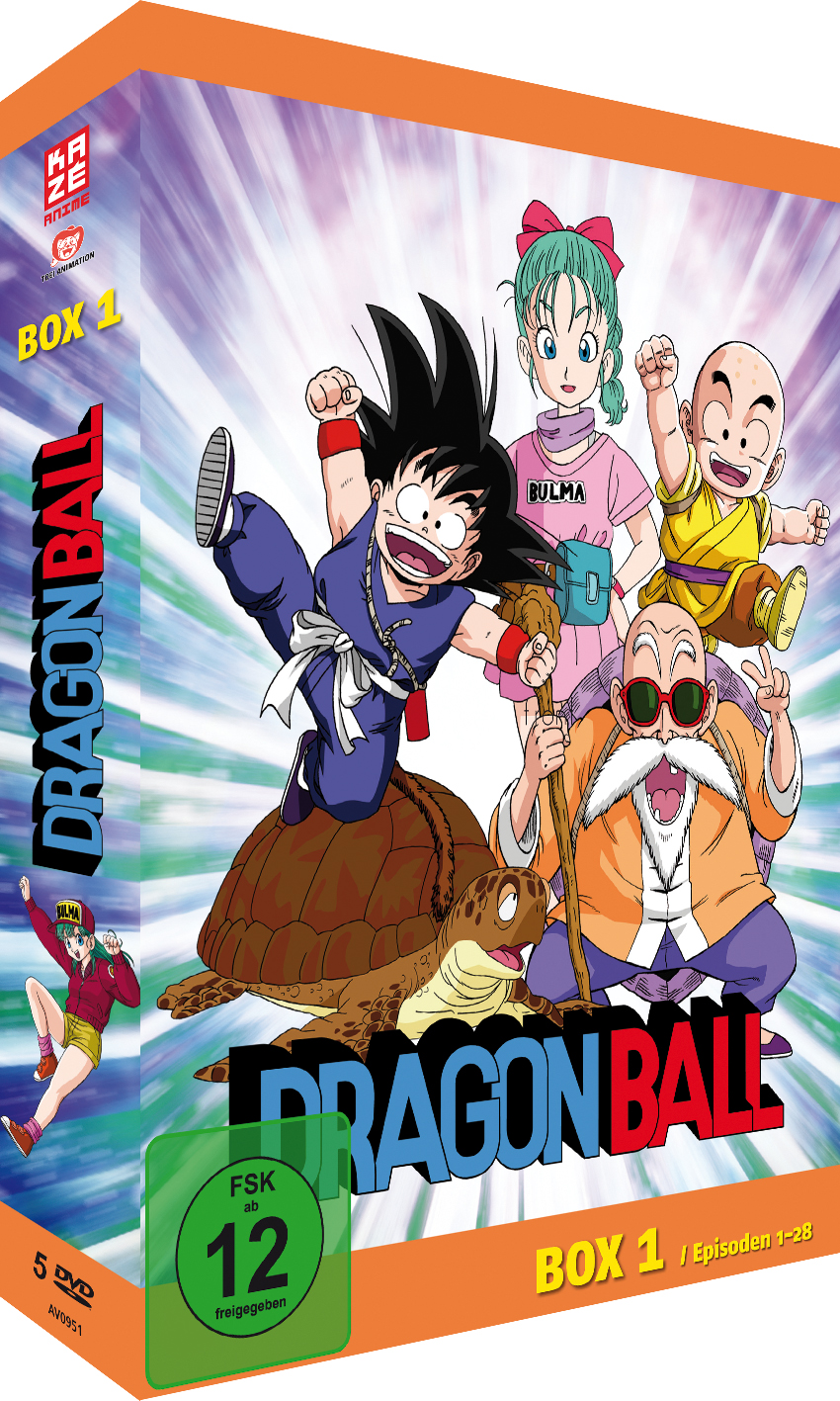 Dragon Ball Box 1 DVD-Cover. Charaktere sind in einem farbenfrohen, animierten Stil dargestellt.