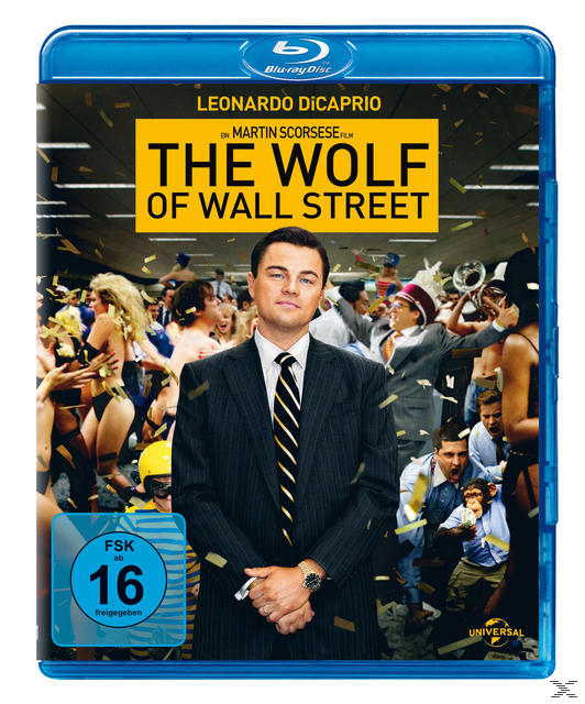 Blu-ray-Cover von 'The Wolf of Wall Street' mit Leonardo DiCaprio. Menschen feiern im Hintergrund.