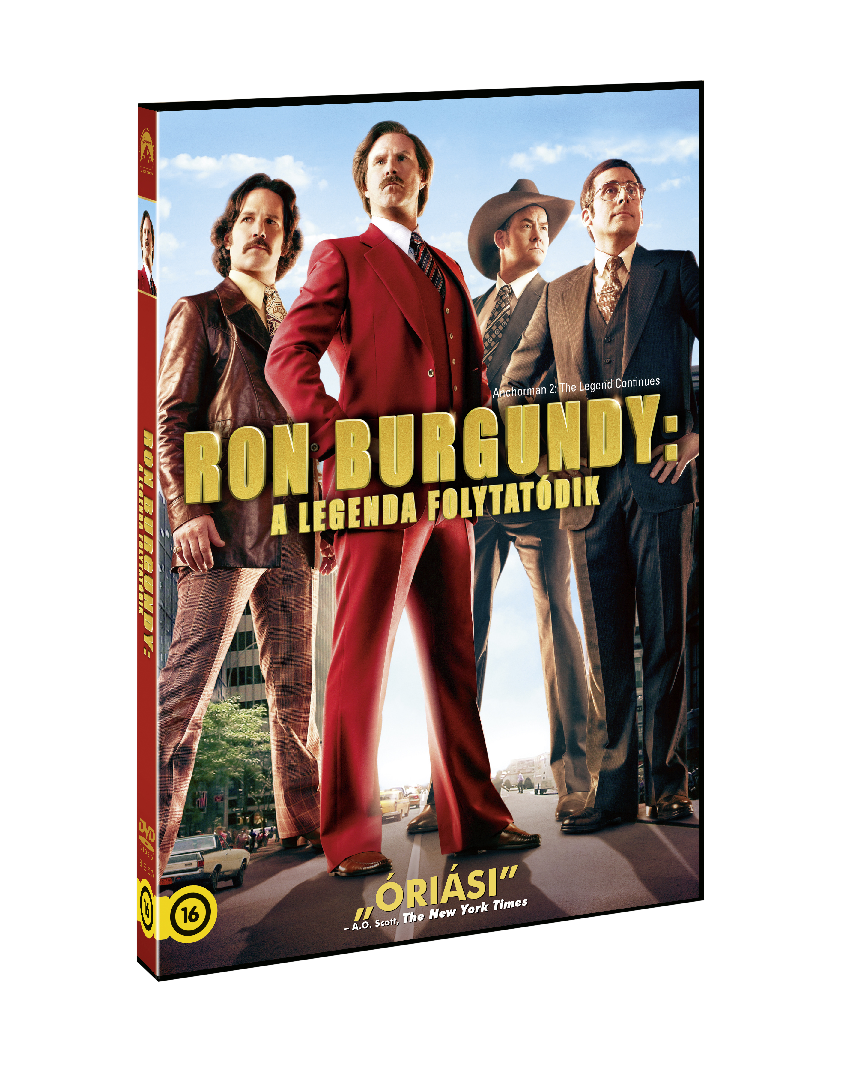 Az 'Anchorman 2: A legenda folytatódik' DVD borítója. Négy öltönyös férfi.