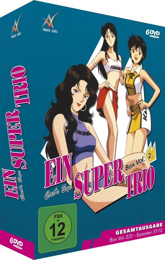 DVD-Box: Anime, drei Frauen, Text auf Deutsch 'Ein Super Trio', helle Farben.