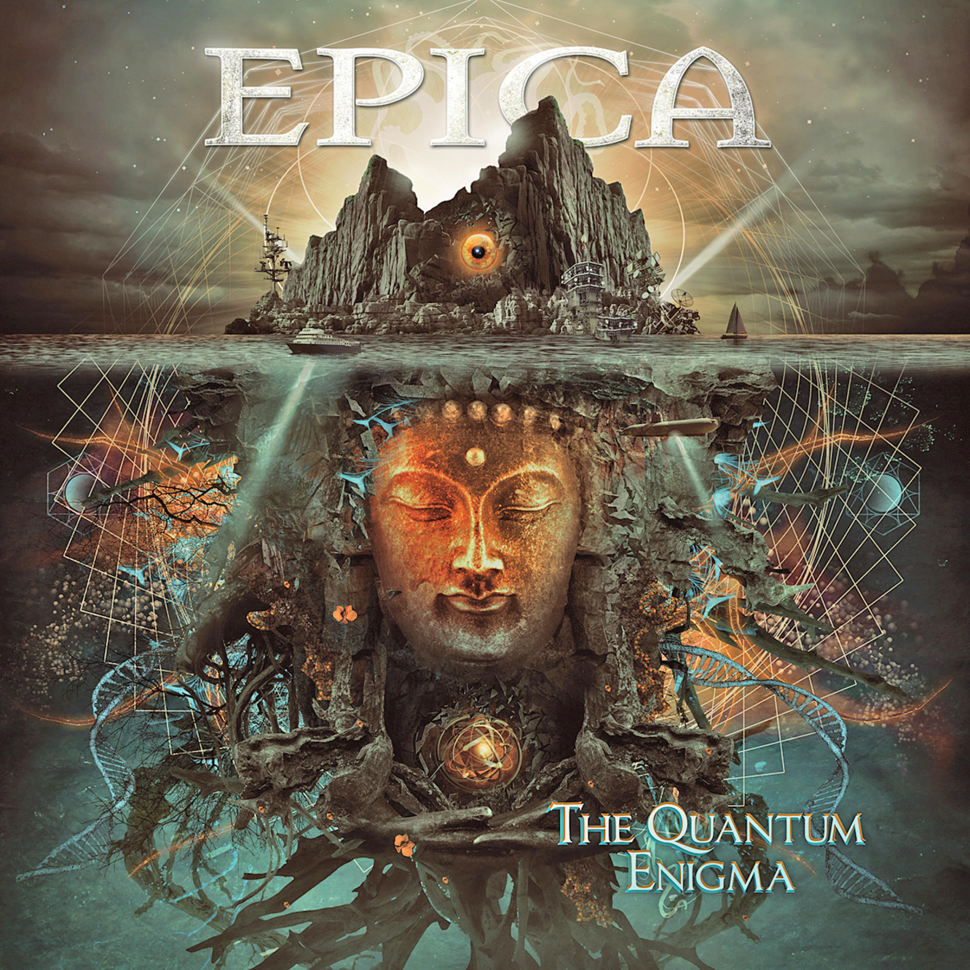 Albumcover mit 'Epica' oben, einer Felsformation und einem Buddha-Gesicht unter Wasser.