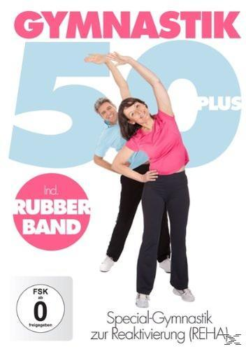 DVD-Cover: Gymnastik 50 Plus, zwei Personen trainieren, Gummiband.