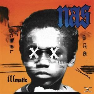 Albumcover: Schwarz-Weiß-Bild eines Kindes mit Xs für die Augen. Nas und Illmatic sind geschrieben.