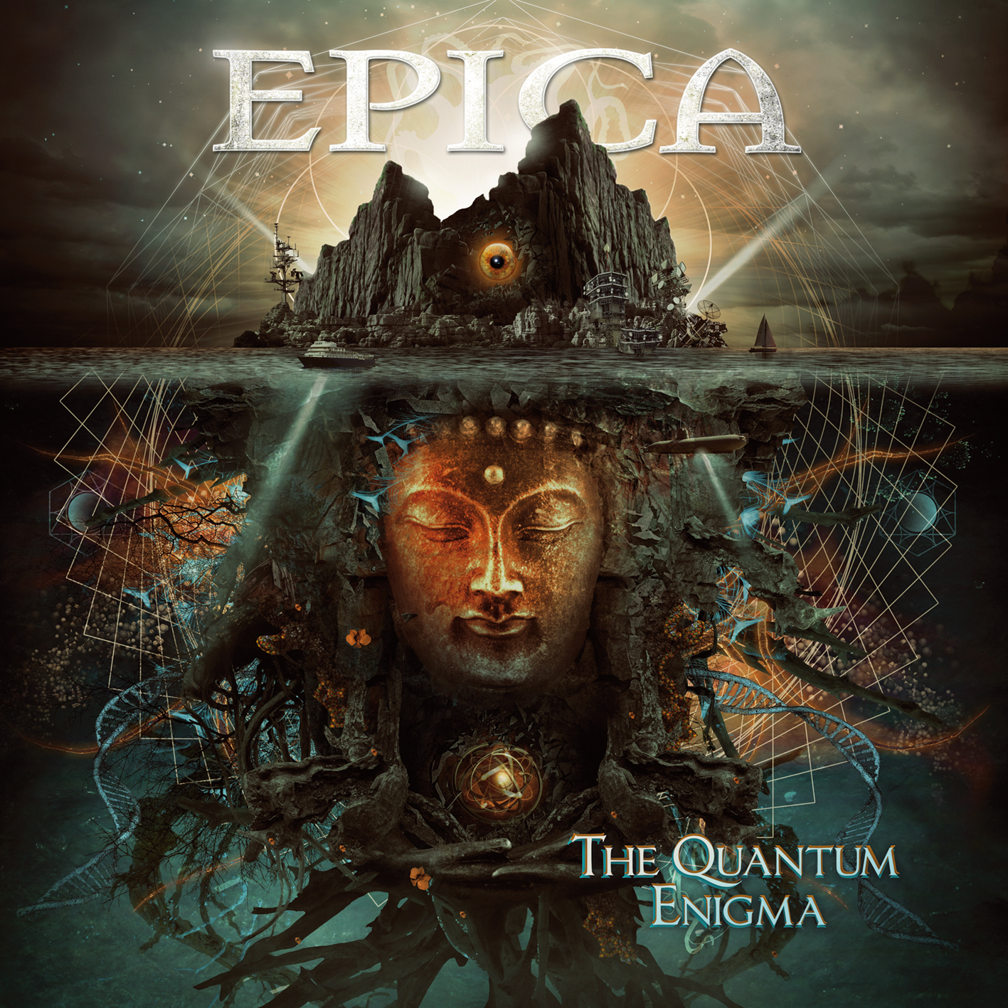 Albumcover mit einer Buddha-Figur unter Wasser, der Titel lautet „The Quantum Enigma“. Dunkler Hintergrund.
