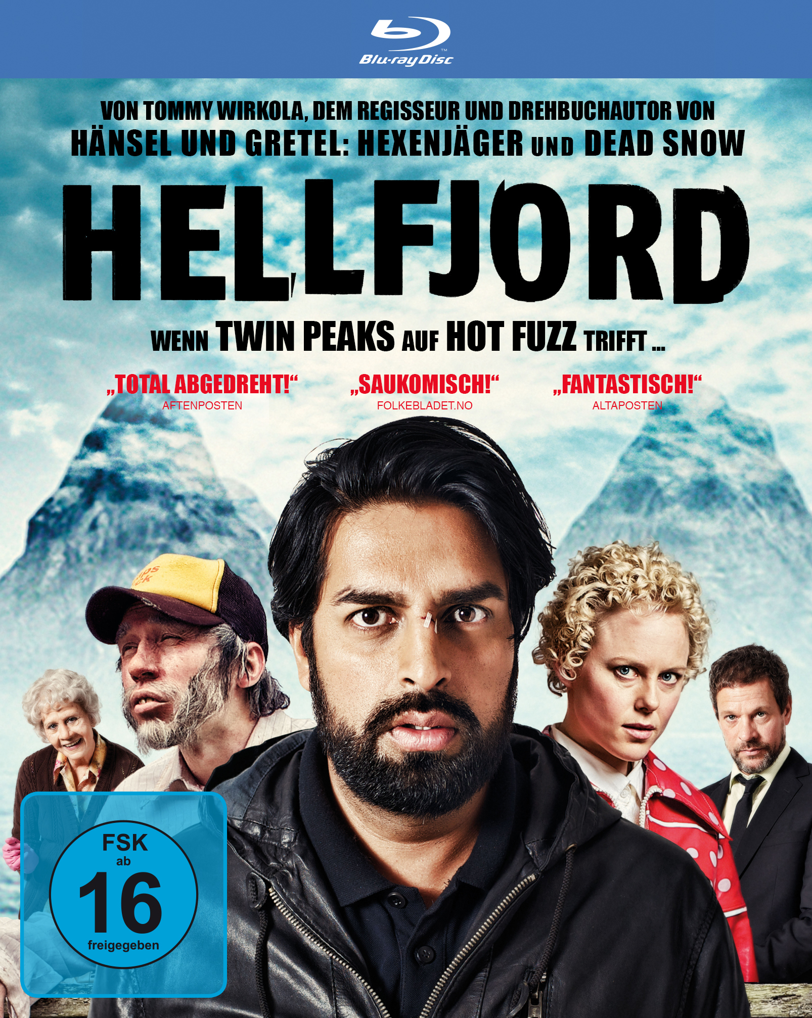 DVD-Cover: Hellfjord. Nahaufnahme eines Mannes mit Bart, mit Schauspielern und Text auf dem Cover.