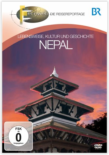 DVD-Cover: Nepal-Reisedokumentation, mit Tempel vor Sonnenuntergang und Text.
