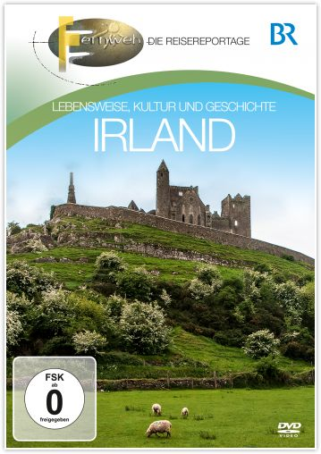 DVD-Cover: Irland-Reisedokumentation, Burg auf Hügel, grüne Felder, Schafe und Text.