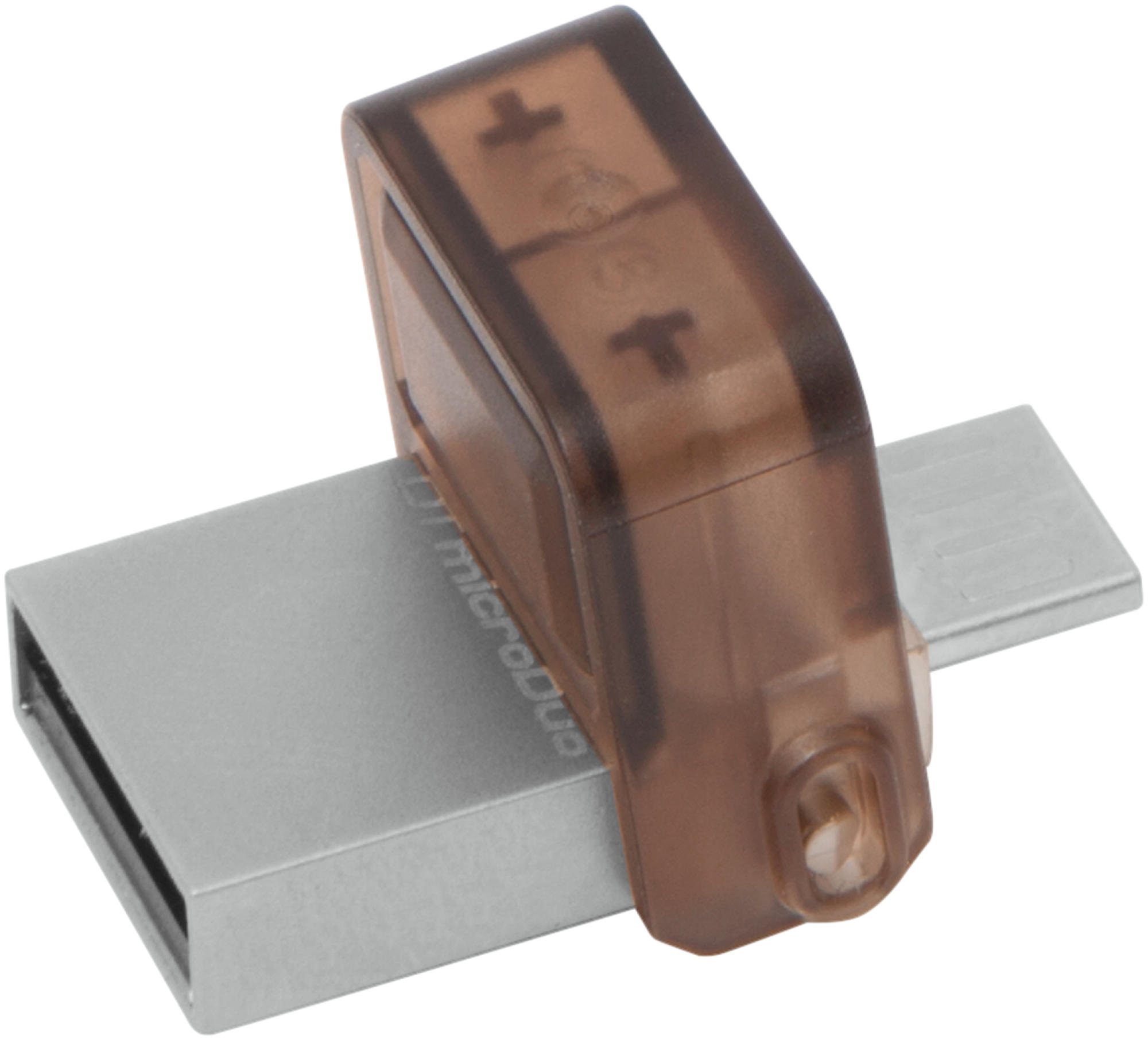 Kahverengi, yarı saydam bir kapaklı gümüş bir USB sürücü. Kapakta artı sembolleri var.