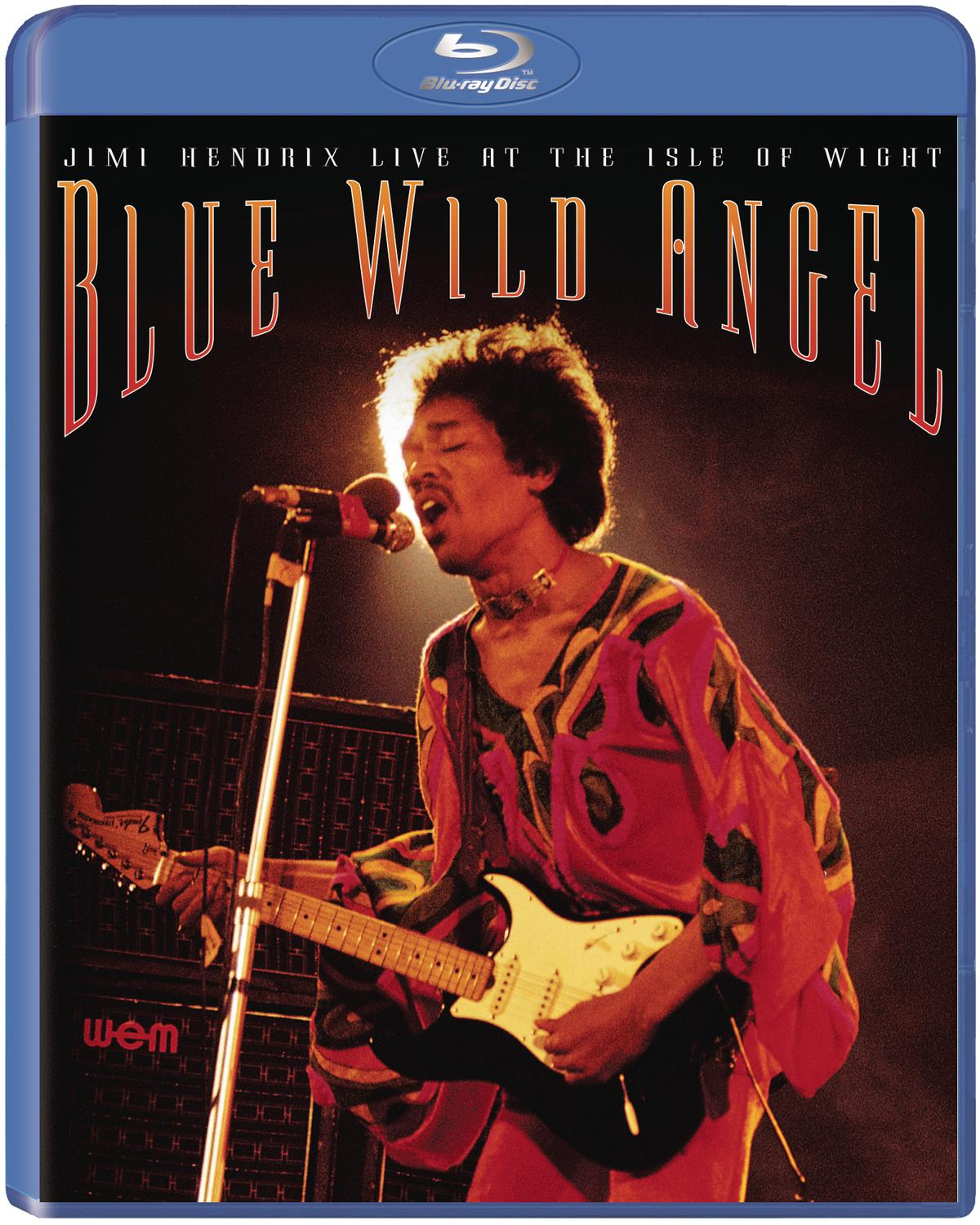 Jimi Hendrix Live-Auftritt auf einer Bühne, spielt Gitarre und singt in ein Mikrofon.