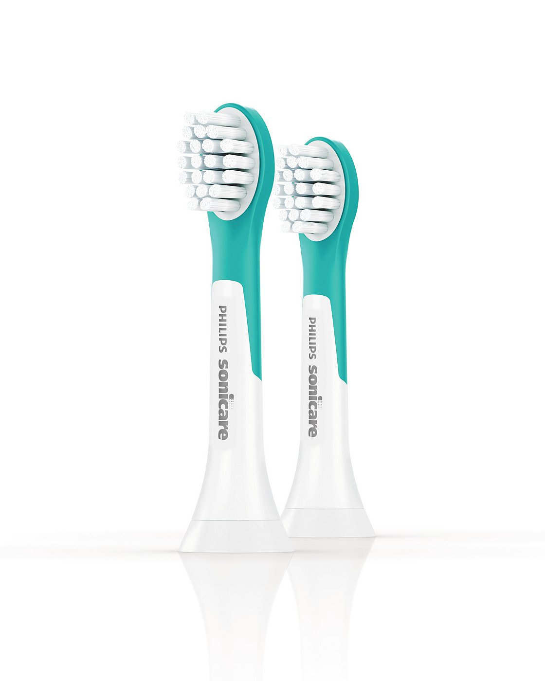 Twee Philips Sonicare tandenborstelkoppen, wit en blauwgroen, op een witte achtergrond.