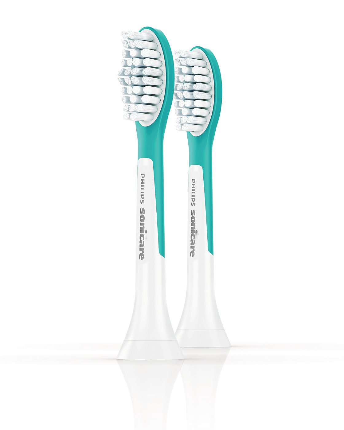 Two white and teal Philips Sonicare toothbrush heads, angled to the right, against a white background.