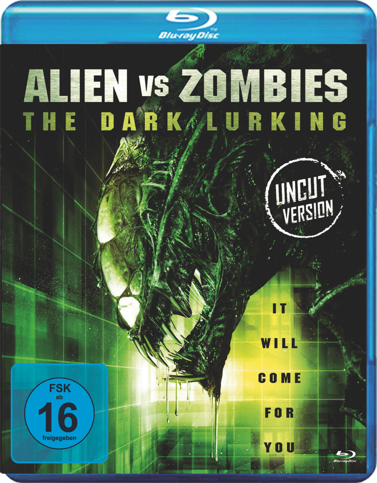 Blu-ray-Cover: Alien vs Zombies, eine grüne Kreatur mit bedrohlichem Gesicht.