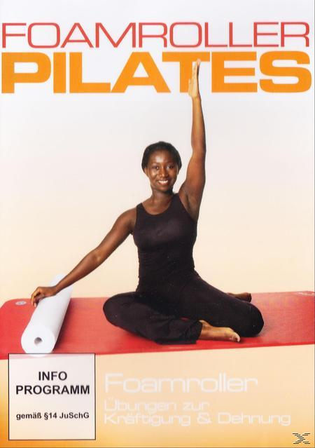 DVD-Cover: Frau auf Matte mit einer Faszienrolle, Text 'Foamroller Pilates'.