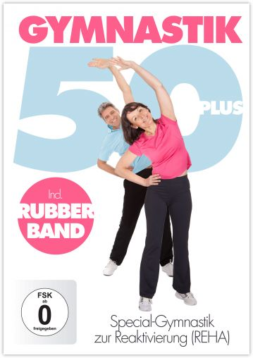 DVD-Cover: Zwei Personen trainieren. Text: "Gymnastik 50 plus", "Rubber Band" und das FSK-Logo.