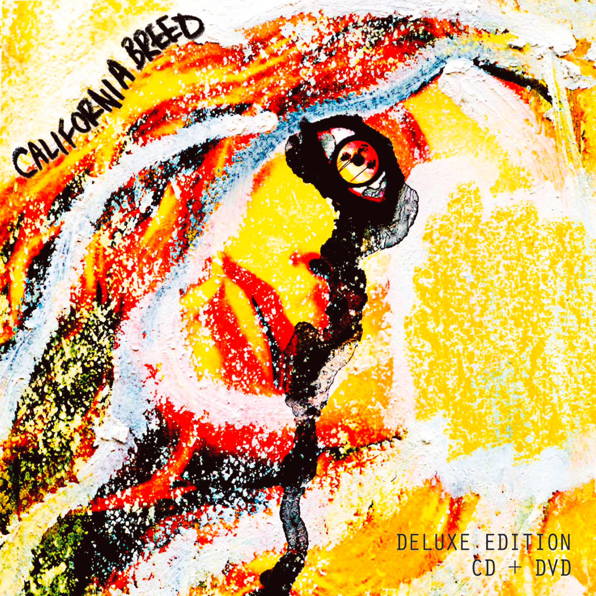 California Breed Albumcover. Abstrakte Kunst mit hellen Farben und einer schwarzen zentralen Form.