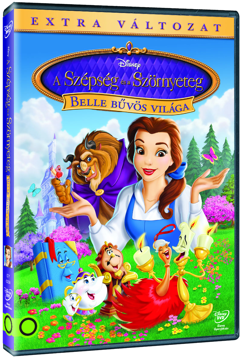 A Szépség és a Szörnyeteg DVD borítója. Belle a Szörnnyel és más karakterekkel.