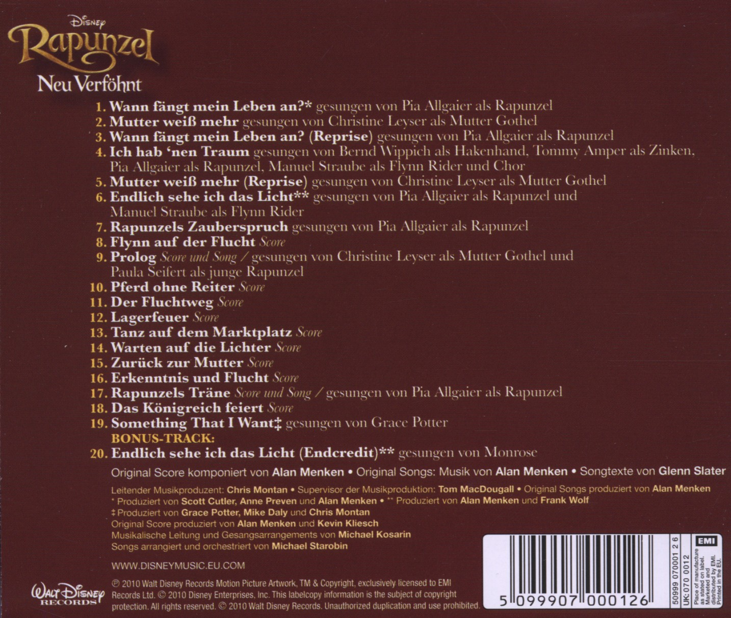 Rapunzel-Soundtrack-CD-Cover mit einer Titelliste und dem Disney-Logo.