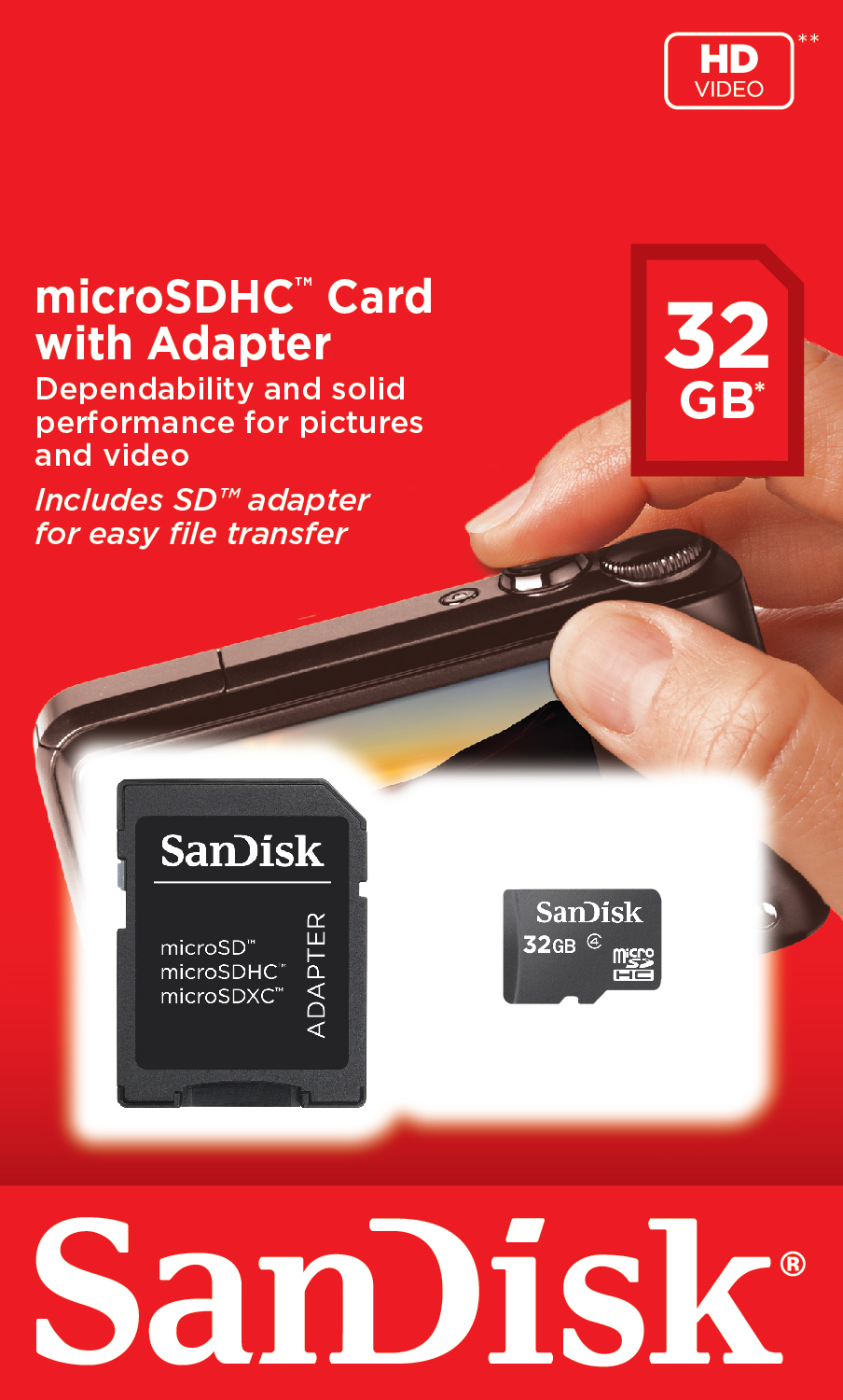 SD-Karte mit Adapter und 32 GB Karte auf rotem Hintergrund. Hand hält Telefon.