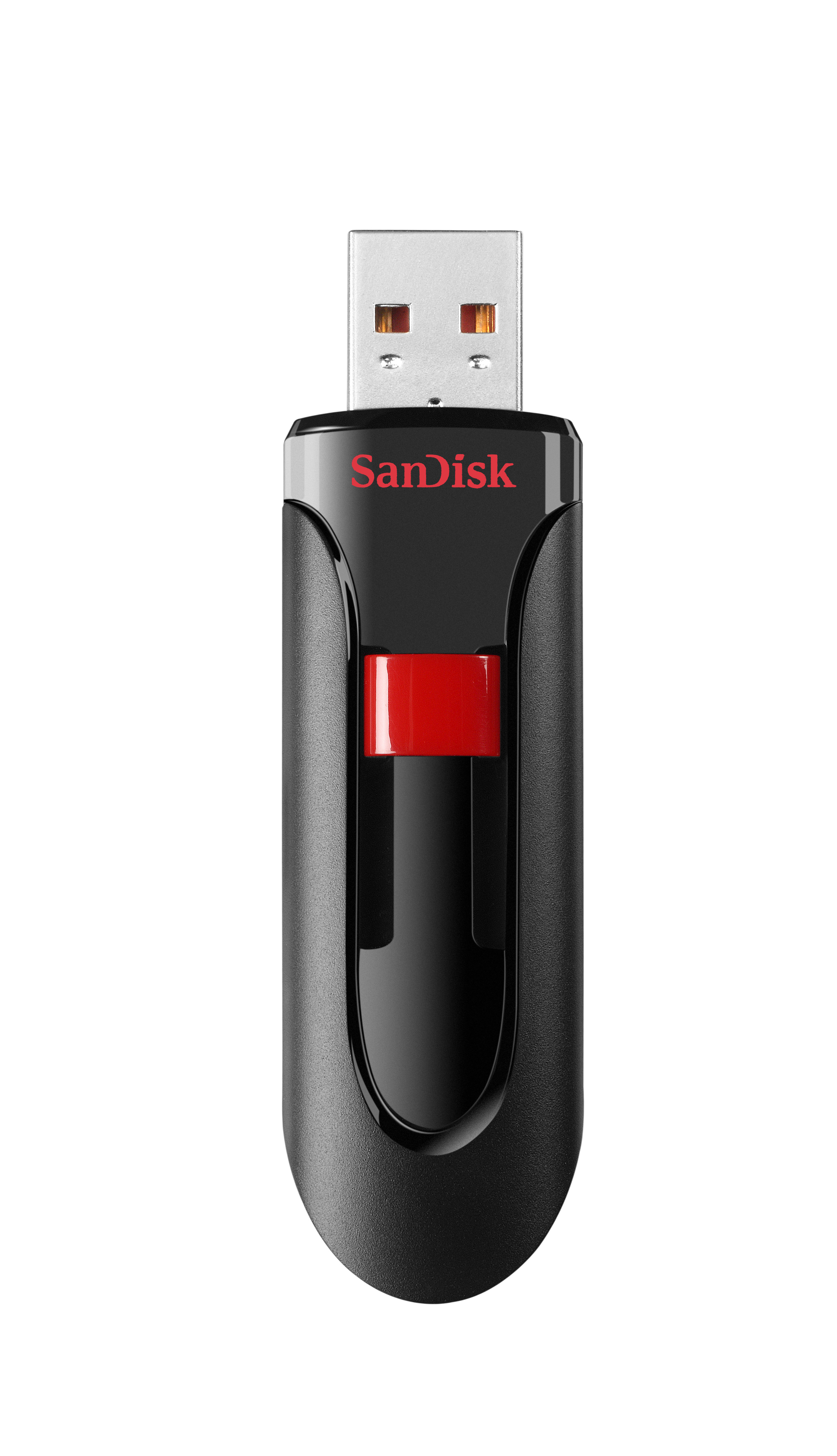 Schwarzer und roter SanDisk USB-Stick, mit SanDisk-Logo, auf weißem Hintergrund.