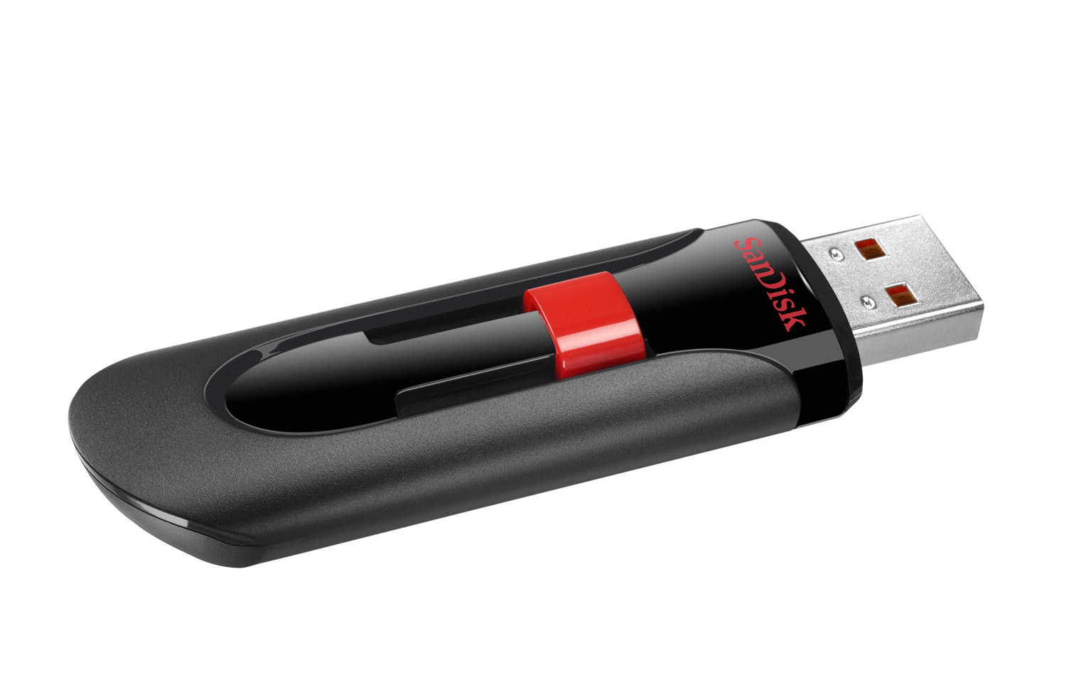 USB-Stick. Schwarzer Körper, roter Akzent und ein USB-Anschluss. Weißer Hintergrund.