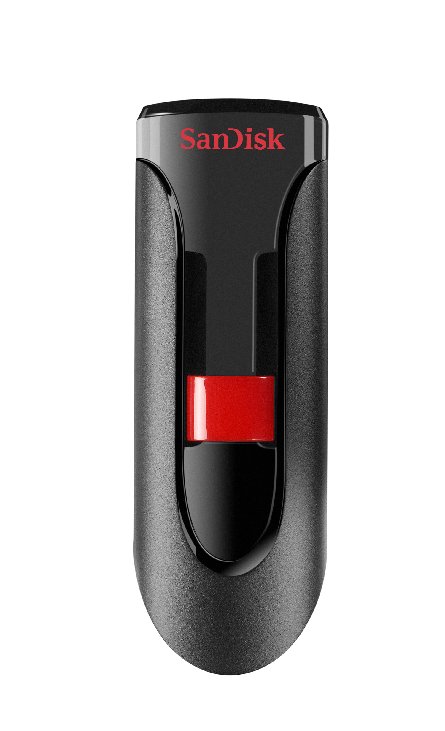 Ein schwarzer und roter SanDisk USB-Stick, vertikal auf weißem Hintergrund.