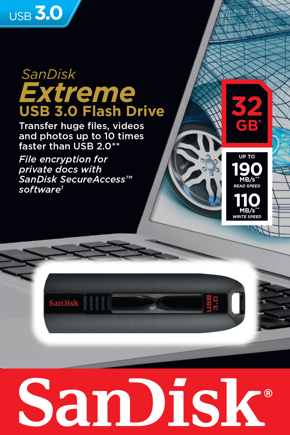 SANDISK Cruzer Extreme USB-Stick, 32 GB, 245 MB/s, Schwarz