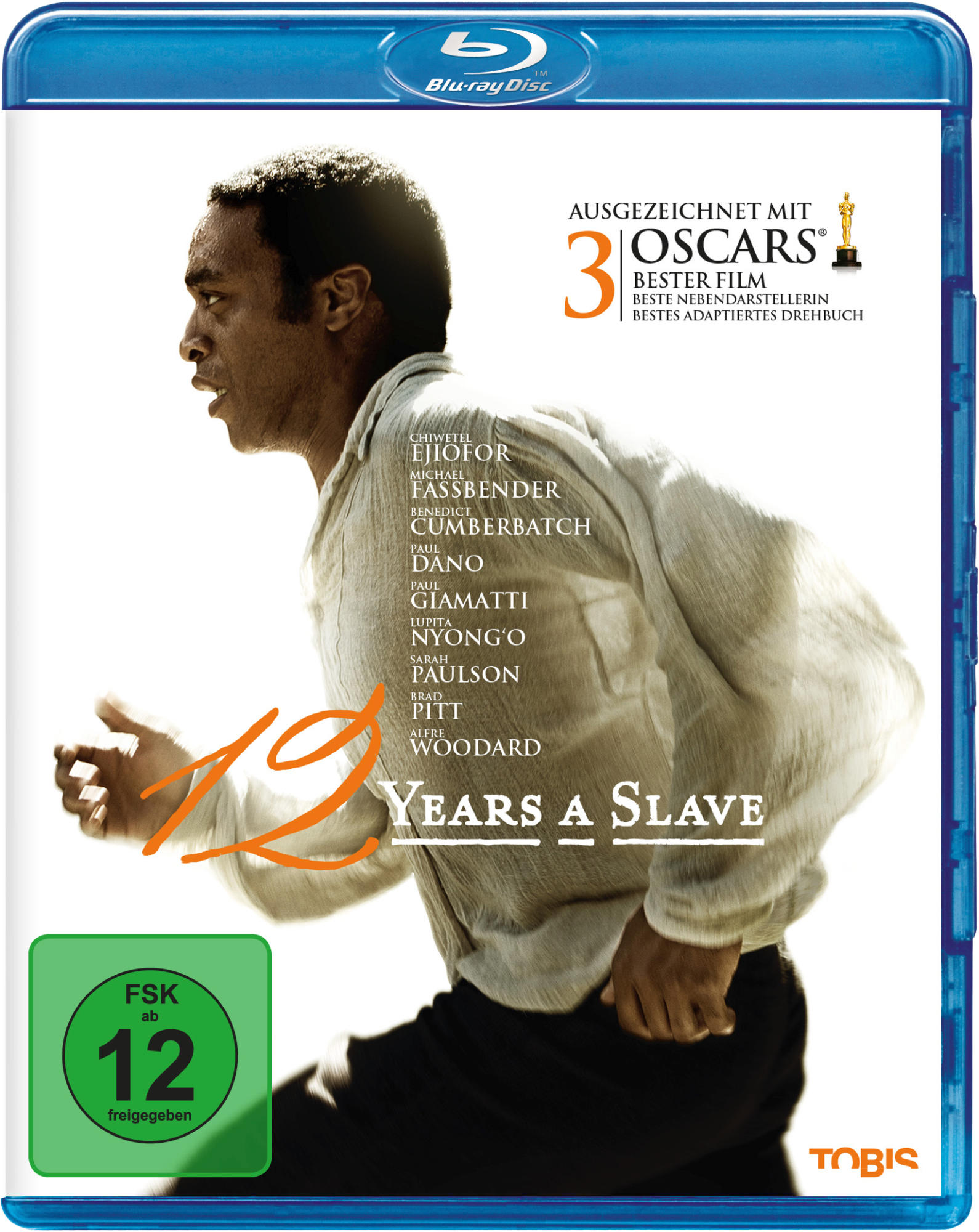 Filmcover von '12 Years a Slave'. Ein schwarzer Mann rennt auf dem Cover. Text beinhaltet Schauspieler und Auszeichnungen.