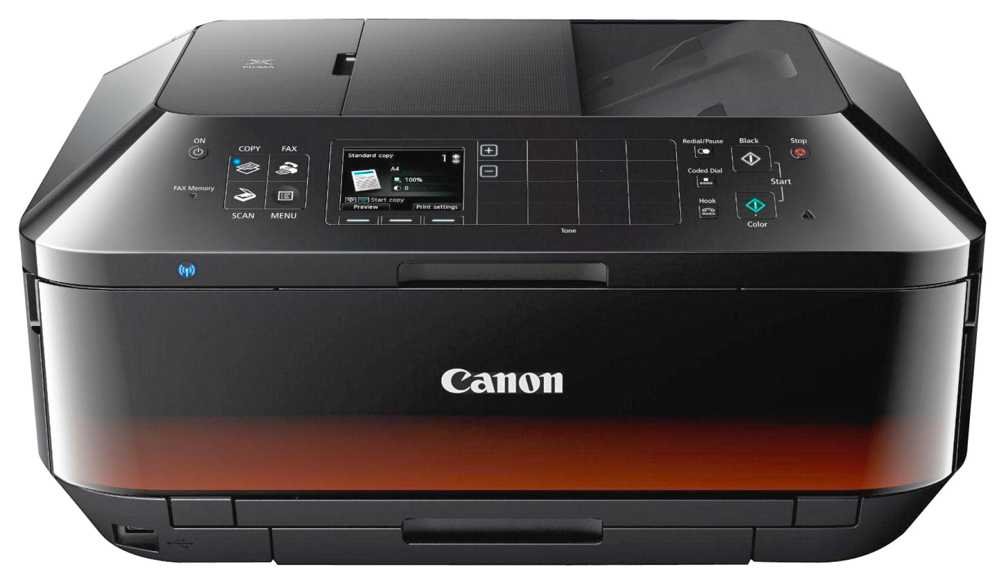 Ein Canon-Drucker, schwarz mit orangefarbenem Farbverlauf. Der Drucker befindet sich auf weißem Hintergrund.